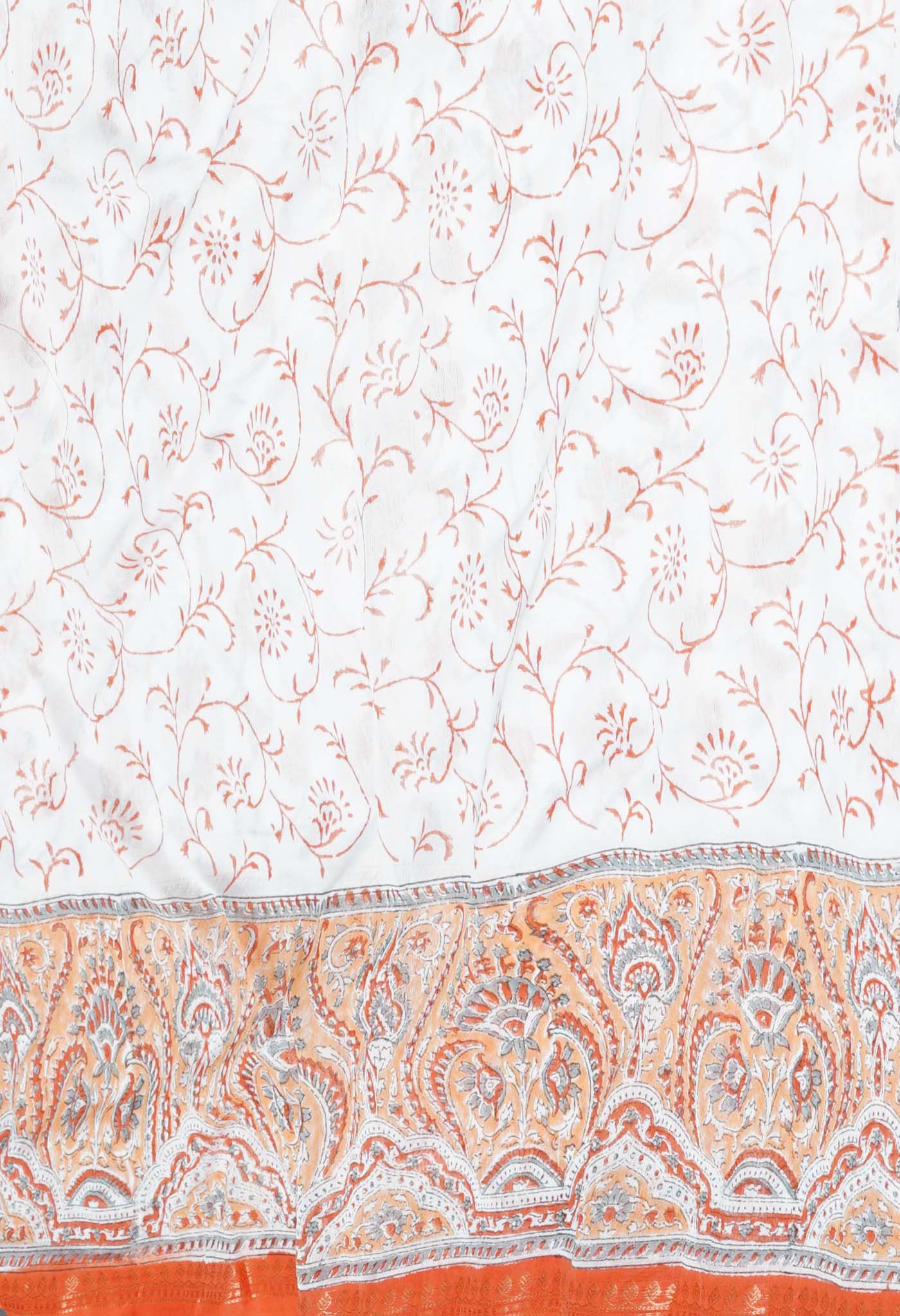 White-Orange Block Printed Chanderi Sico Saree