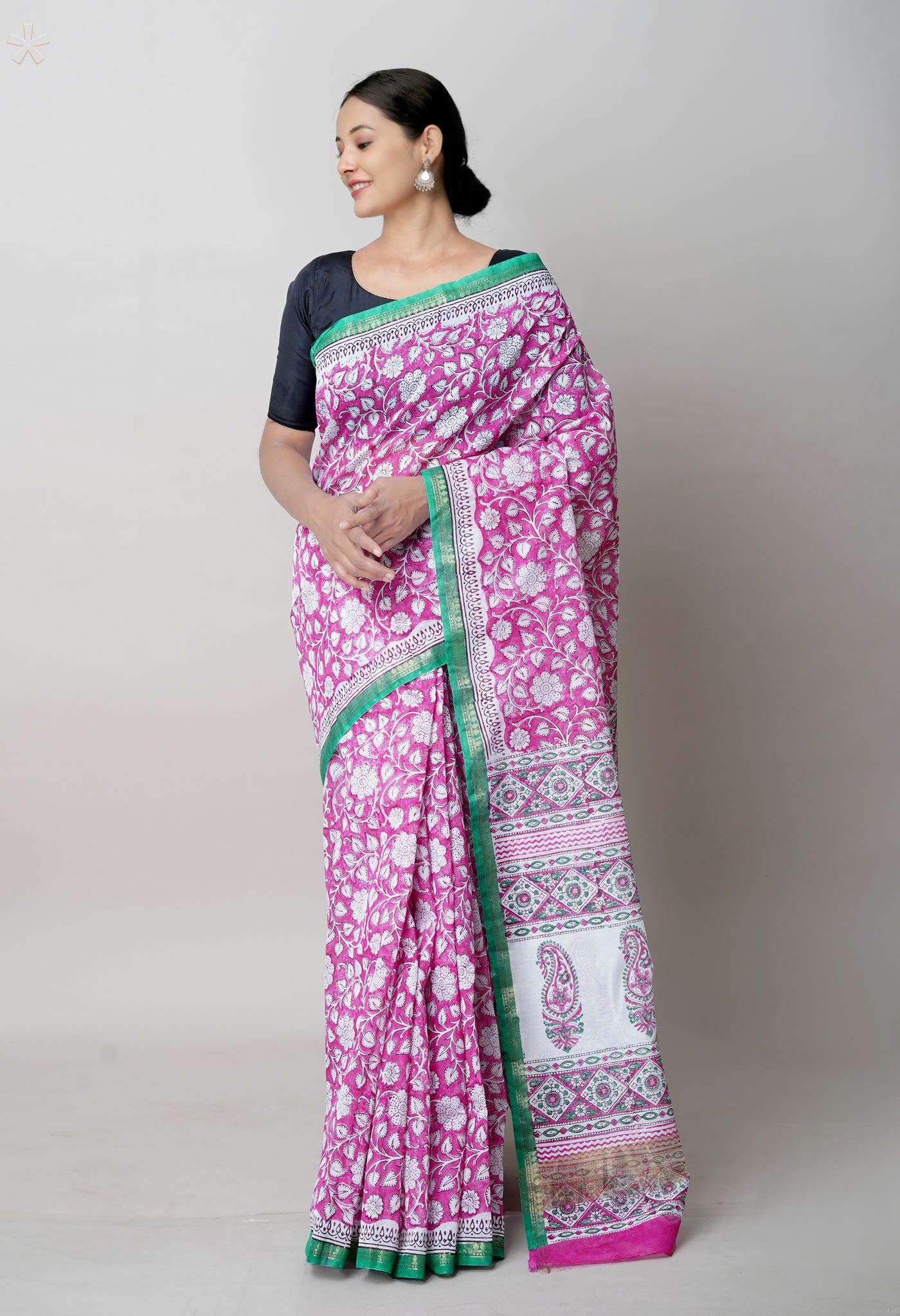 Pink Block Printed Chanderi Sico Saree