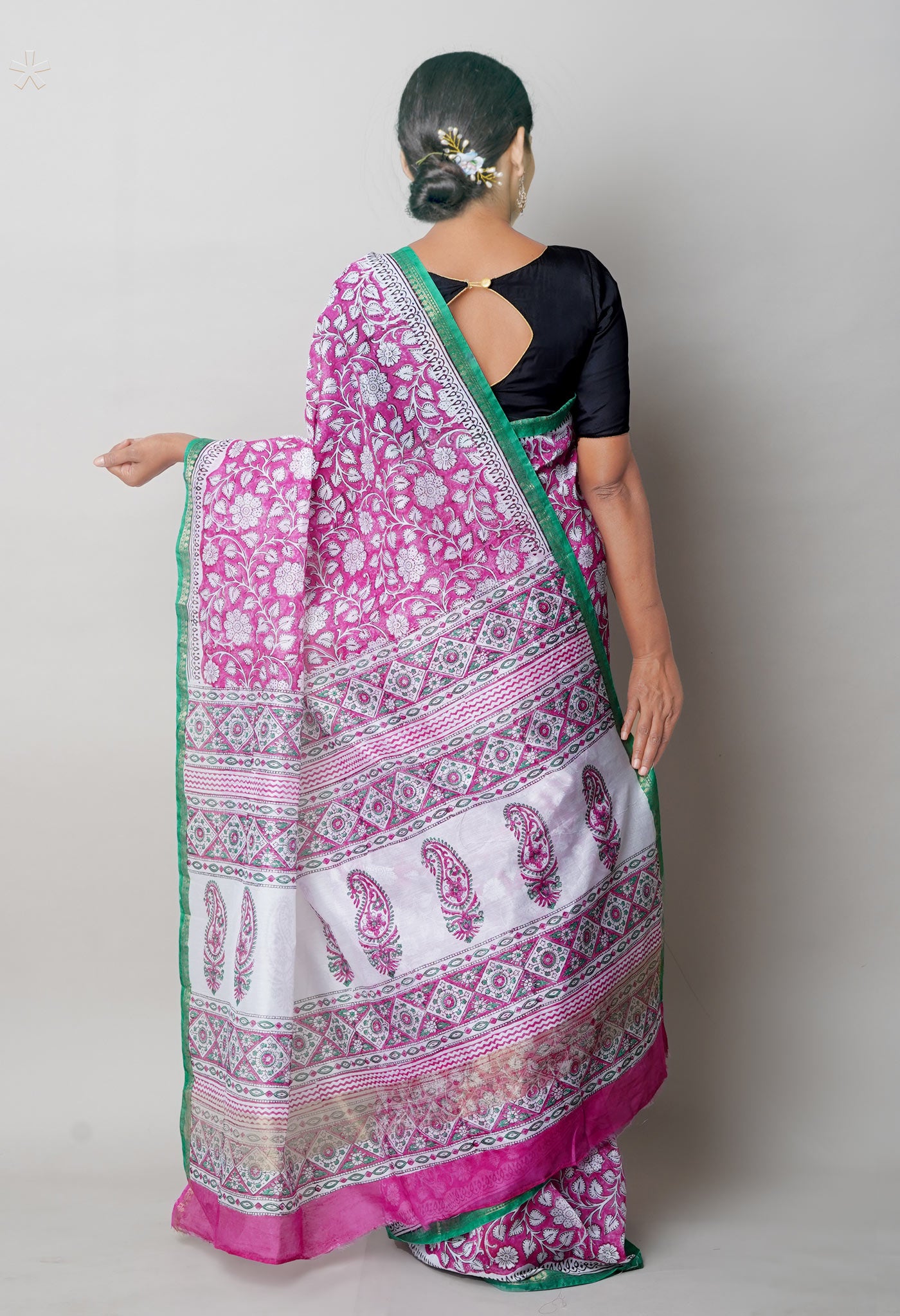 Pink Block Printed Chanderi Sico Saree
