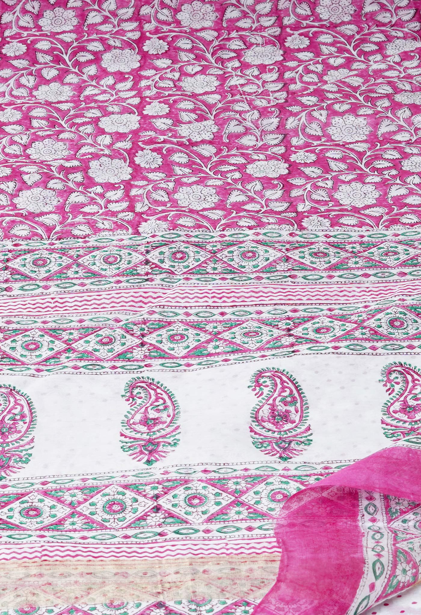 Pink Block Printed Chanderi Sico Saree