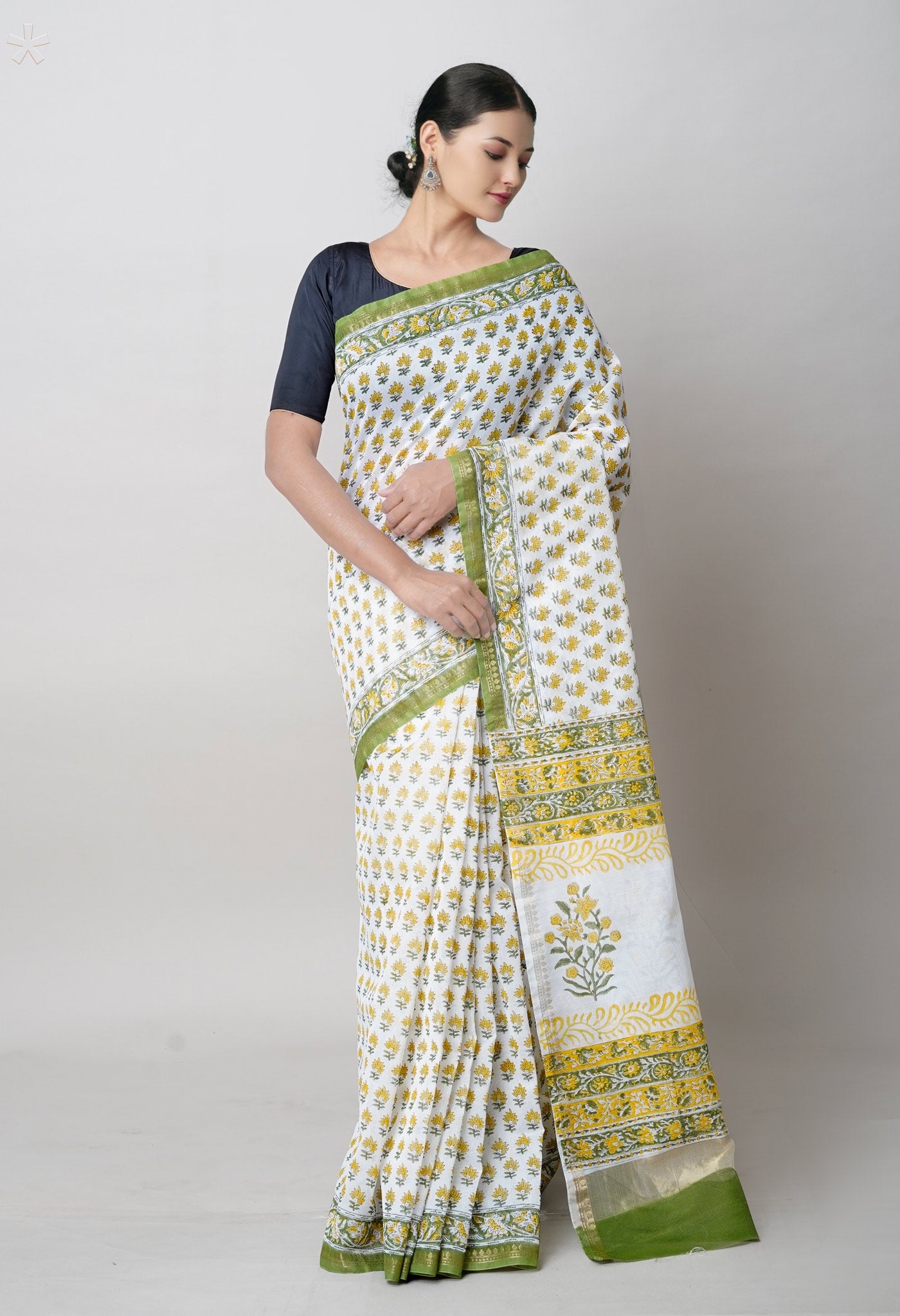 White-Green Block Printed Chanderi Sico Saree