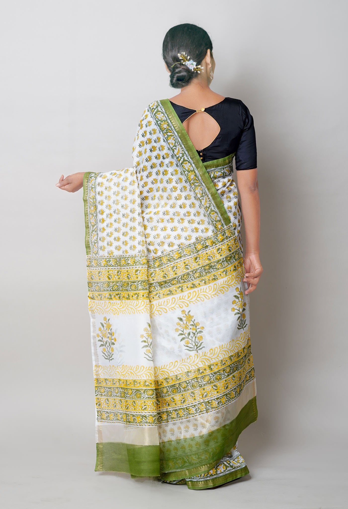 White-Green Block Printed Chanderi Sico Saree