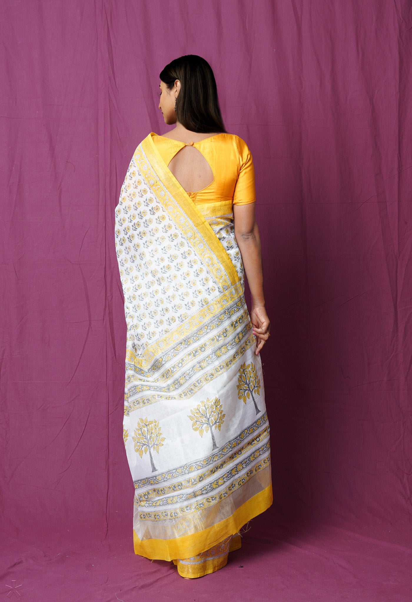 White-Yellow  Block Printed Chanderi Sico Saree