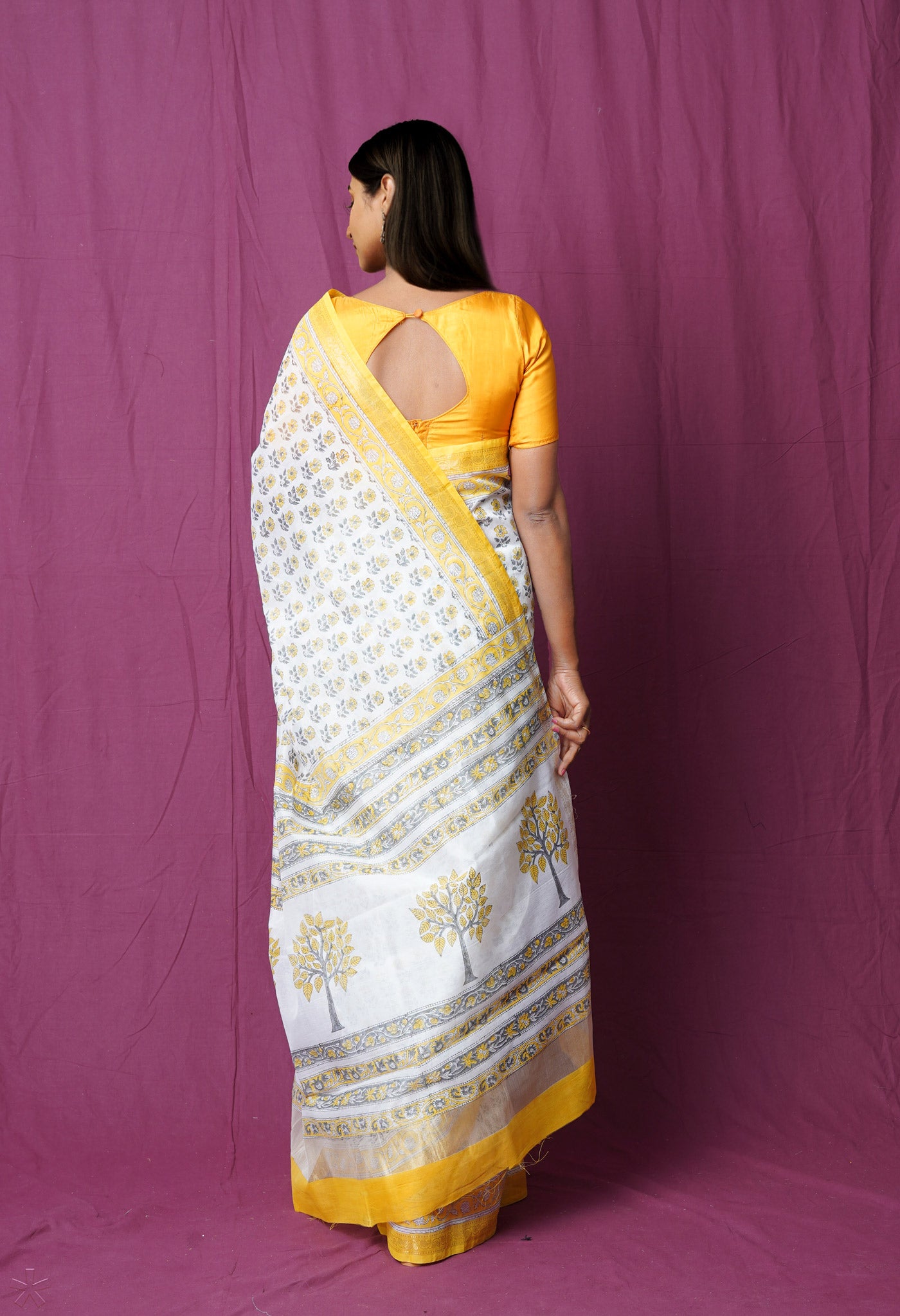 White-Yellow Block Printed Chanderi Sico Saree