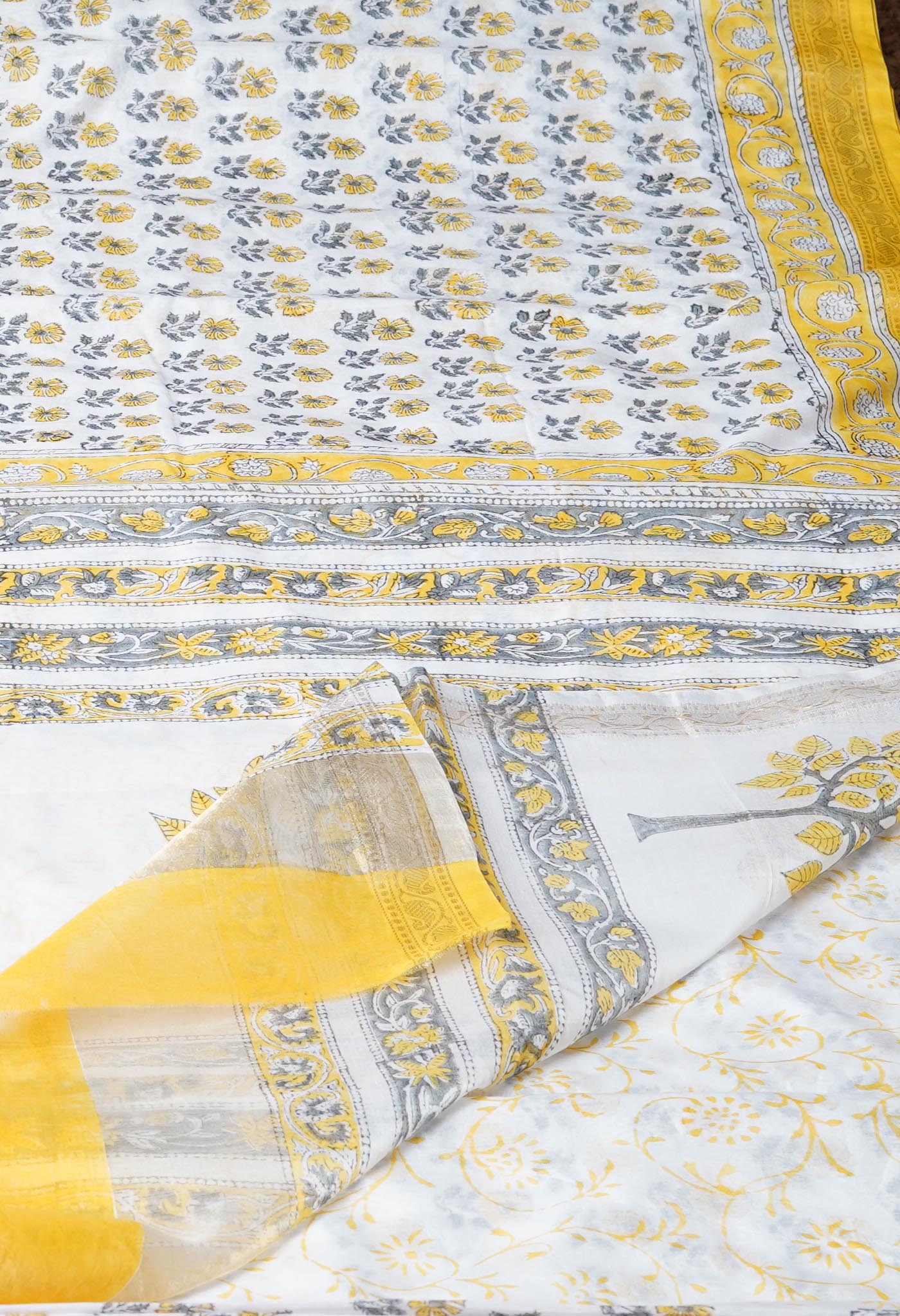 White-Yellow Block Printed Chanderi Sico Saree