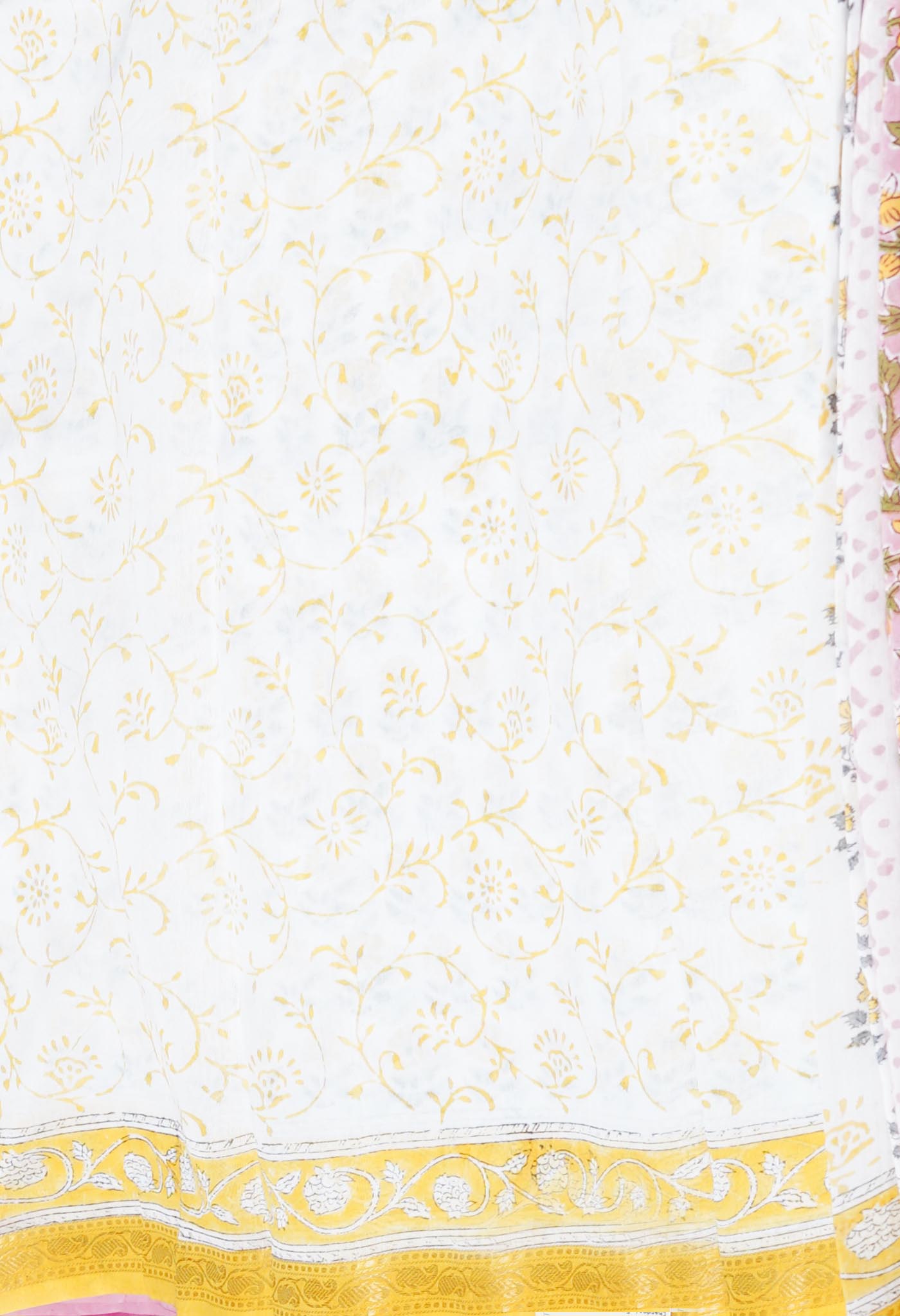 White-Yellow Block Printed Chanderi Sico Saree