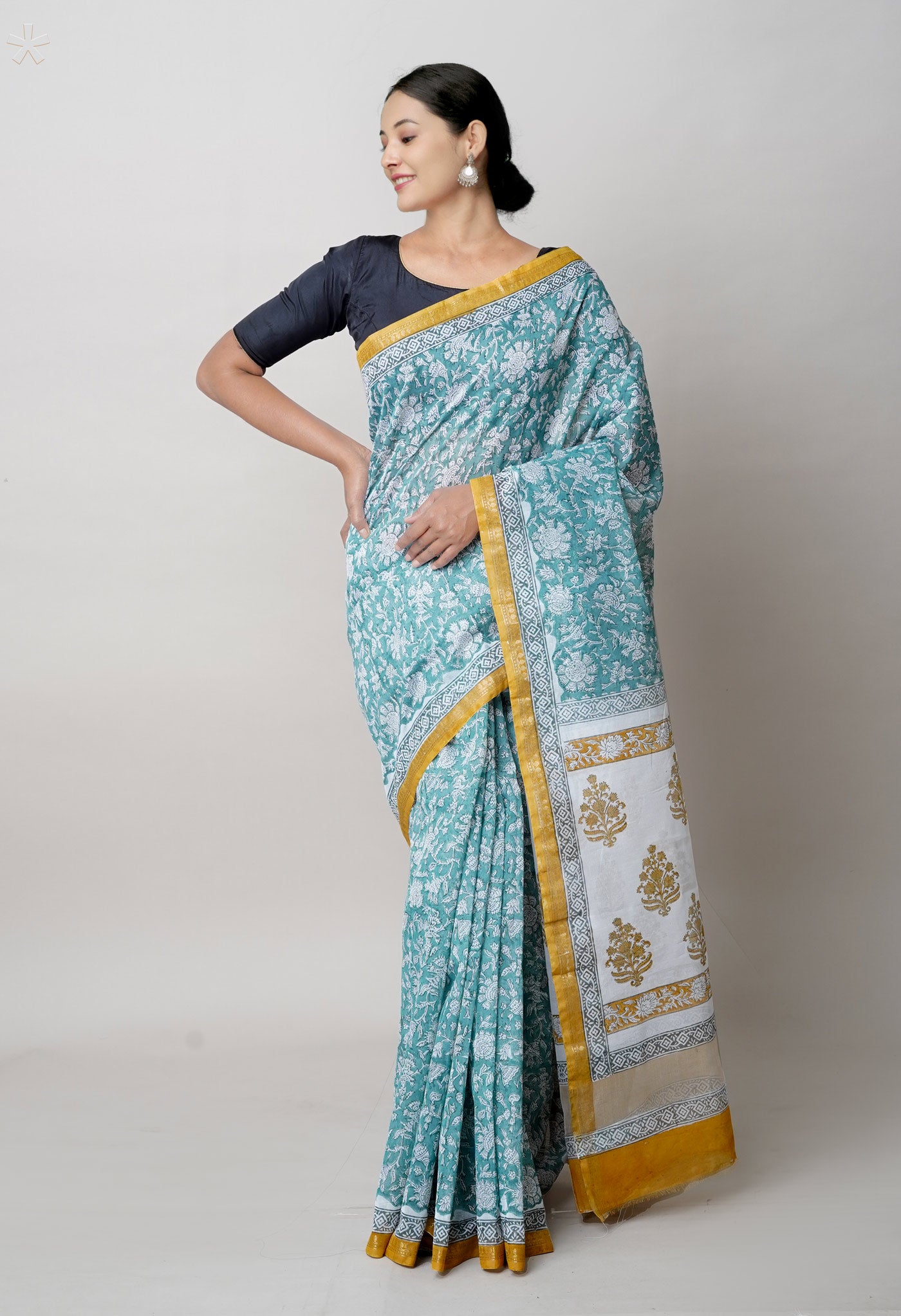 Green-Brown Block Printed Chanderi Sico Saree