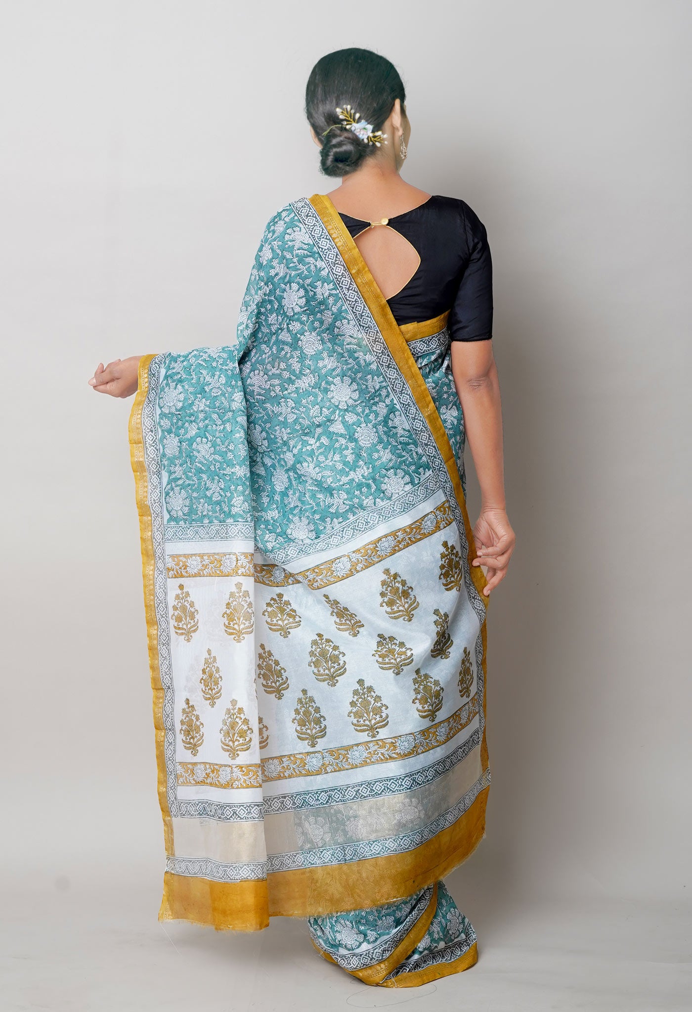 Green-Brown Block Printed Chanderi Sico Saree