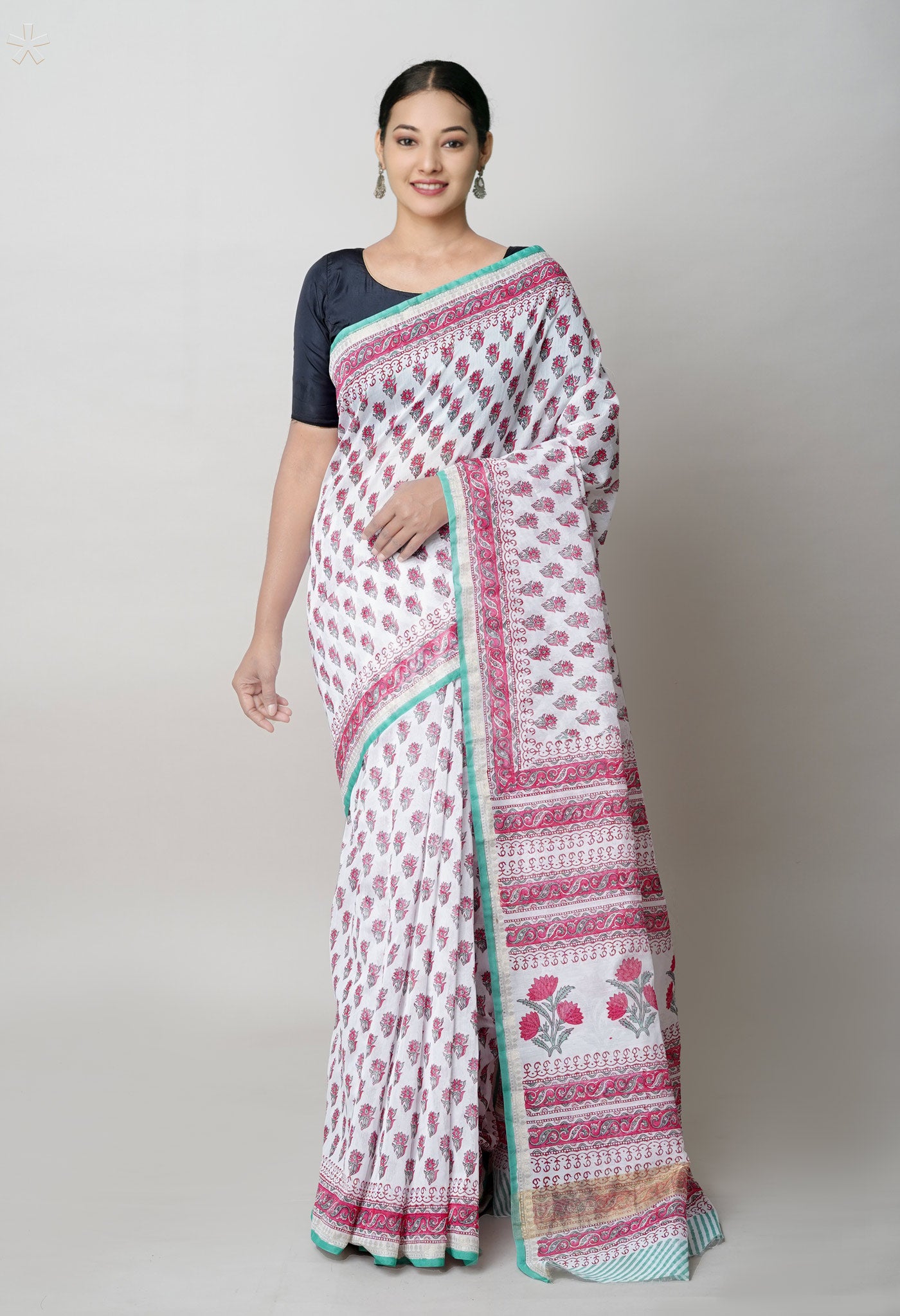 White-Light Sea Green Block Printed Chanderi Sico Saree