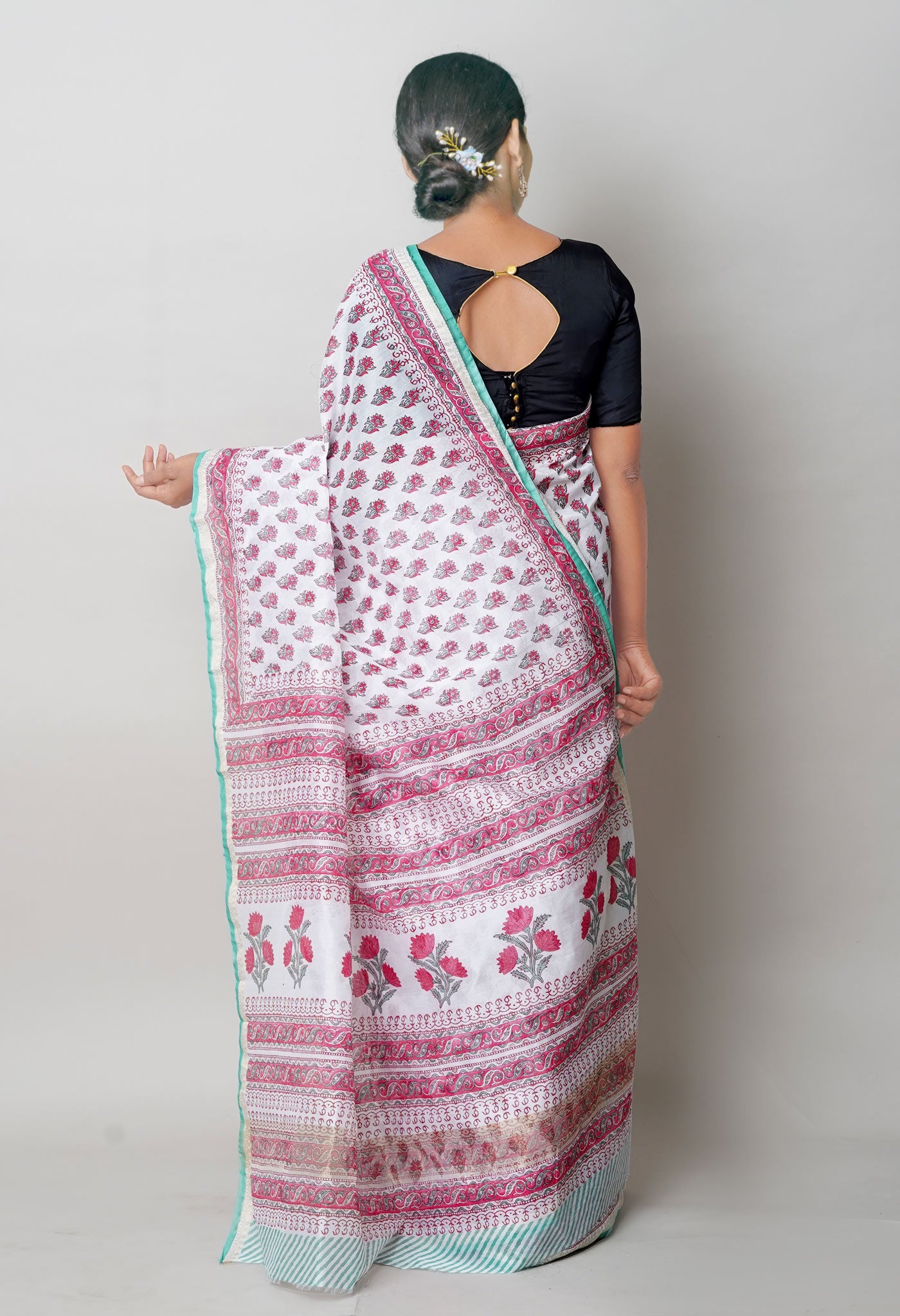 White-Light Sea Green Block Printed Chanderi Sico Saree