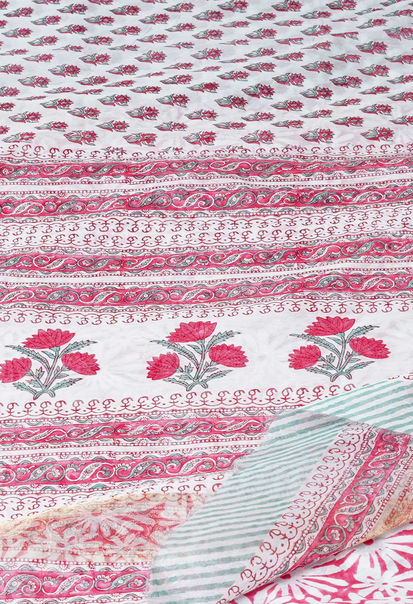 White-Light Sea Green Block Printed Chanderi Sico Saree