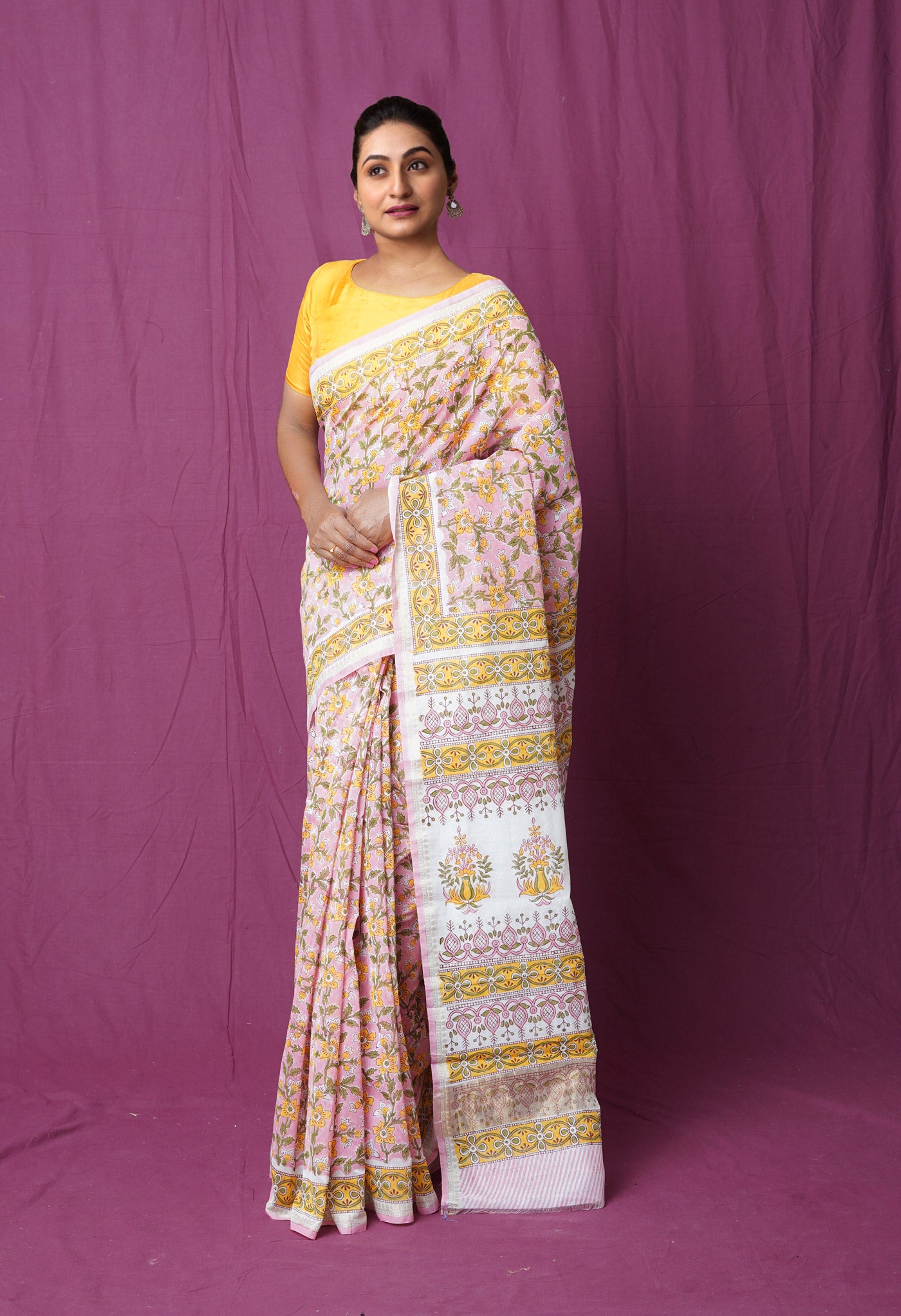 Baby Pink-Yellow  Block Printed Chanderi Sico Saree