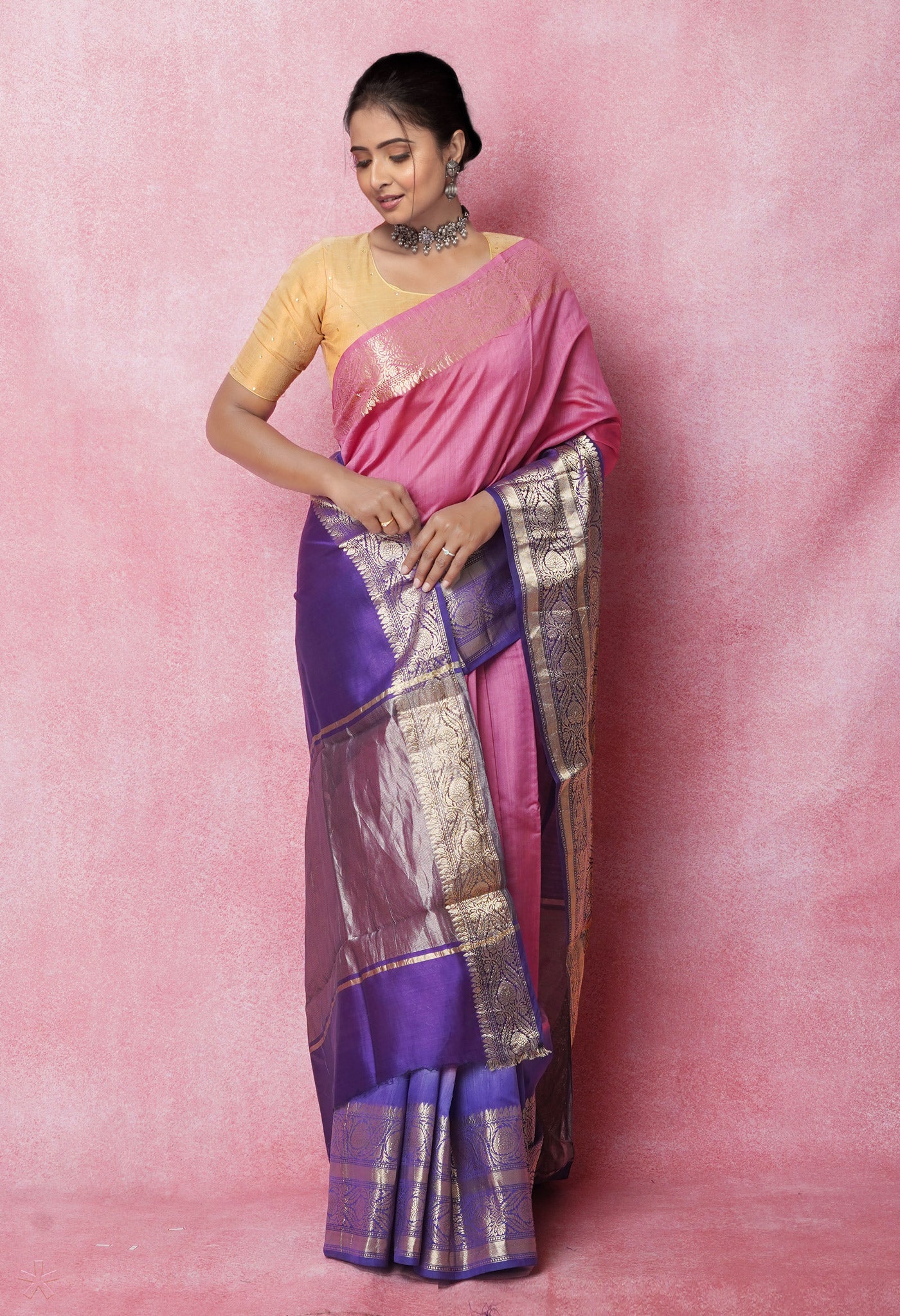 Peach Pink Pure Dyed Banarasi Chiniya Silk Saree