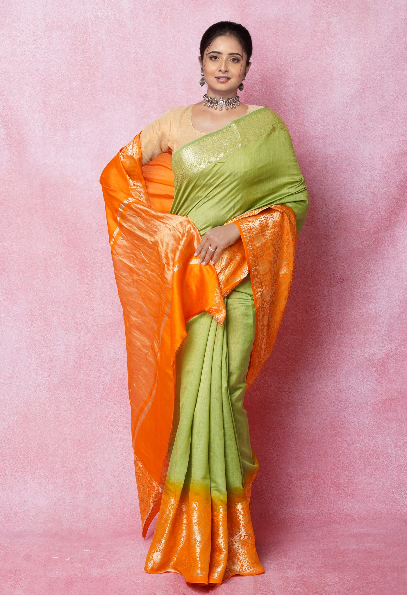 Olive Green Pure Dyed Banarasi Chiniya Silk Saree