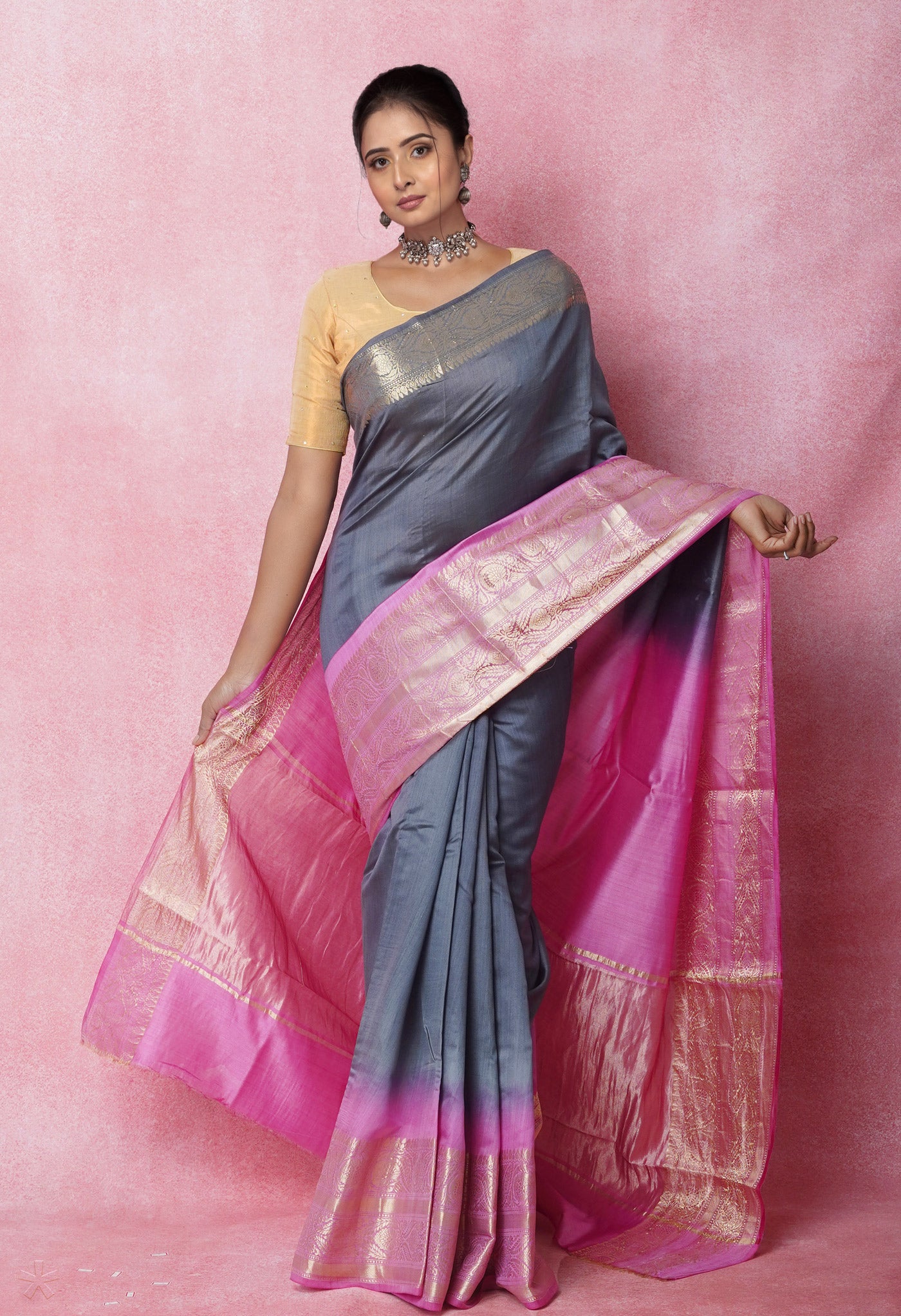 Grey Pure Dyed Banarasi Chiniya Silk Saree