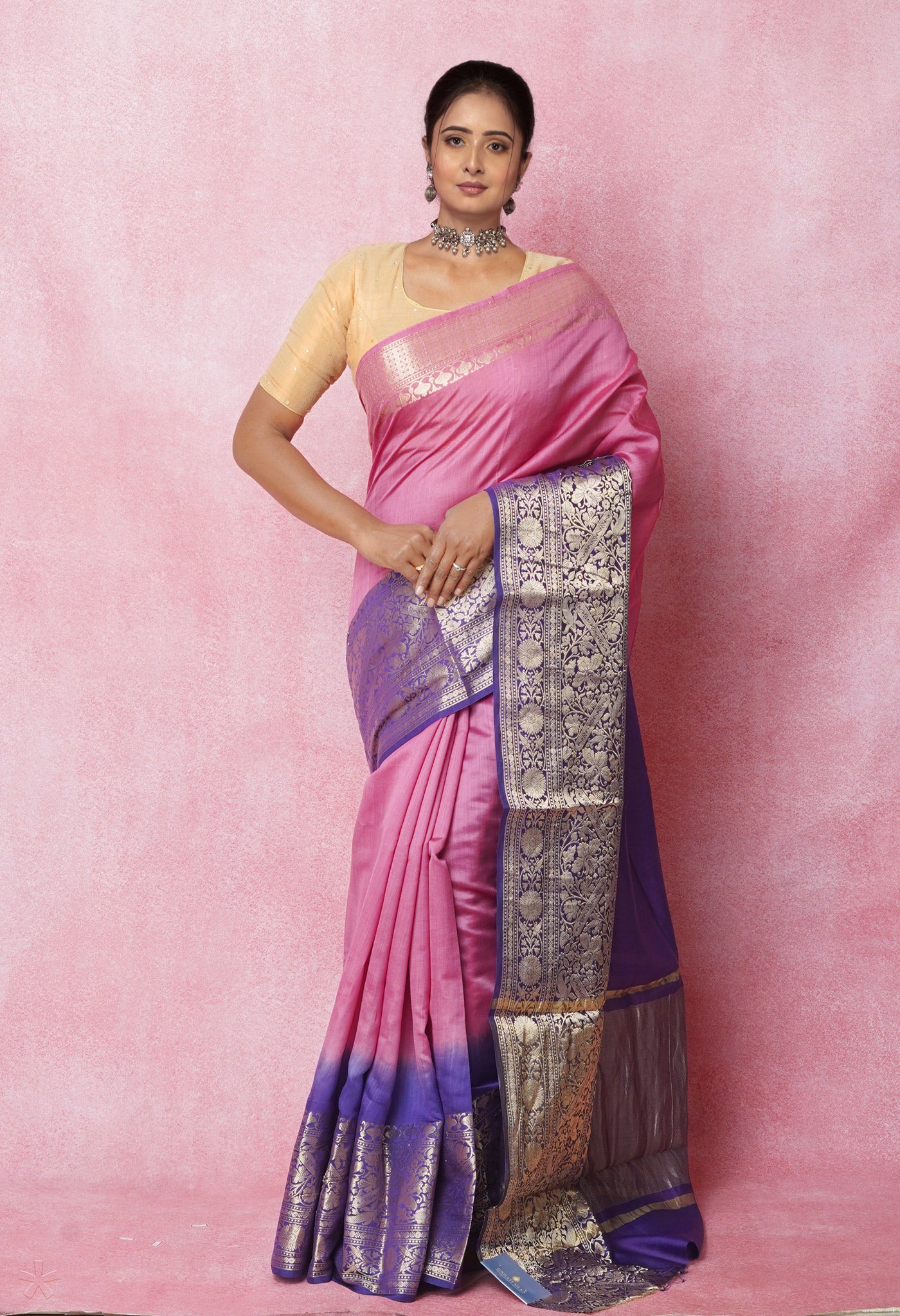 Peach Pink Pure Dyed Banarasi Chiniya Silk Saree