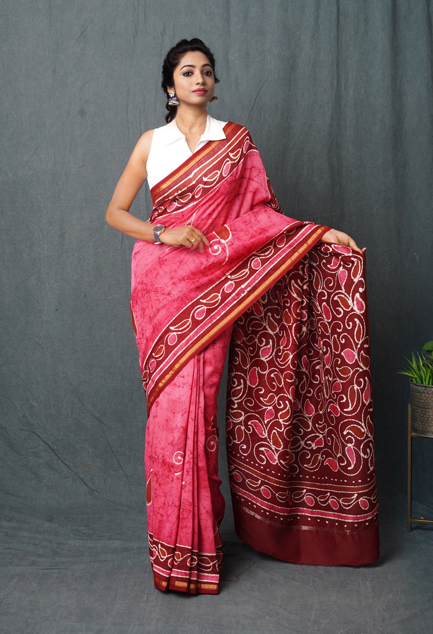 Pink-Maroon Pure  Pen Wax Batik Hand Printed Chanderi Sico Saree