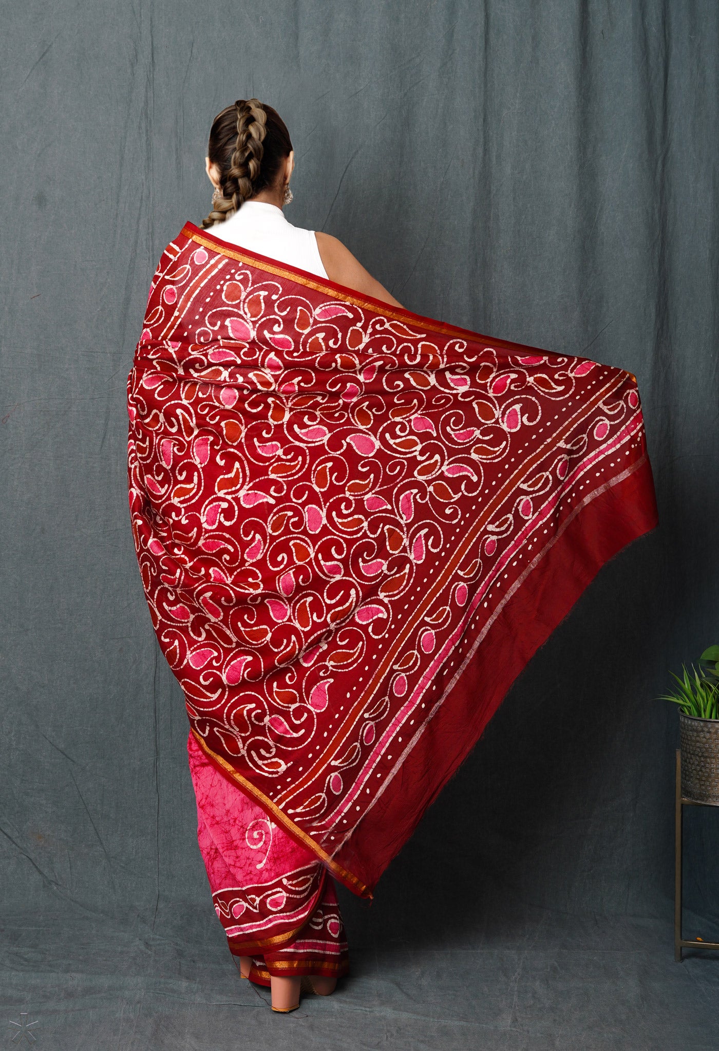 Pink-Maroon Pure Pen Wax Batik Hand Printed Chanderi Sico Saree