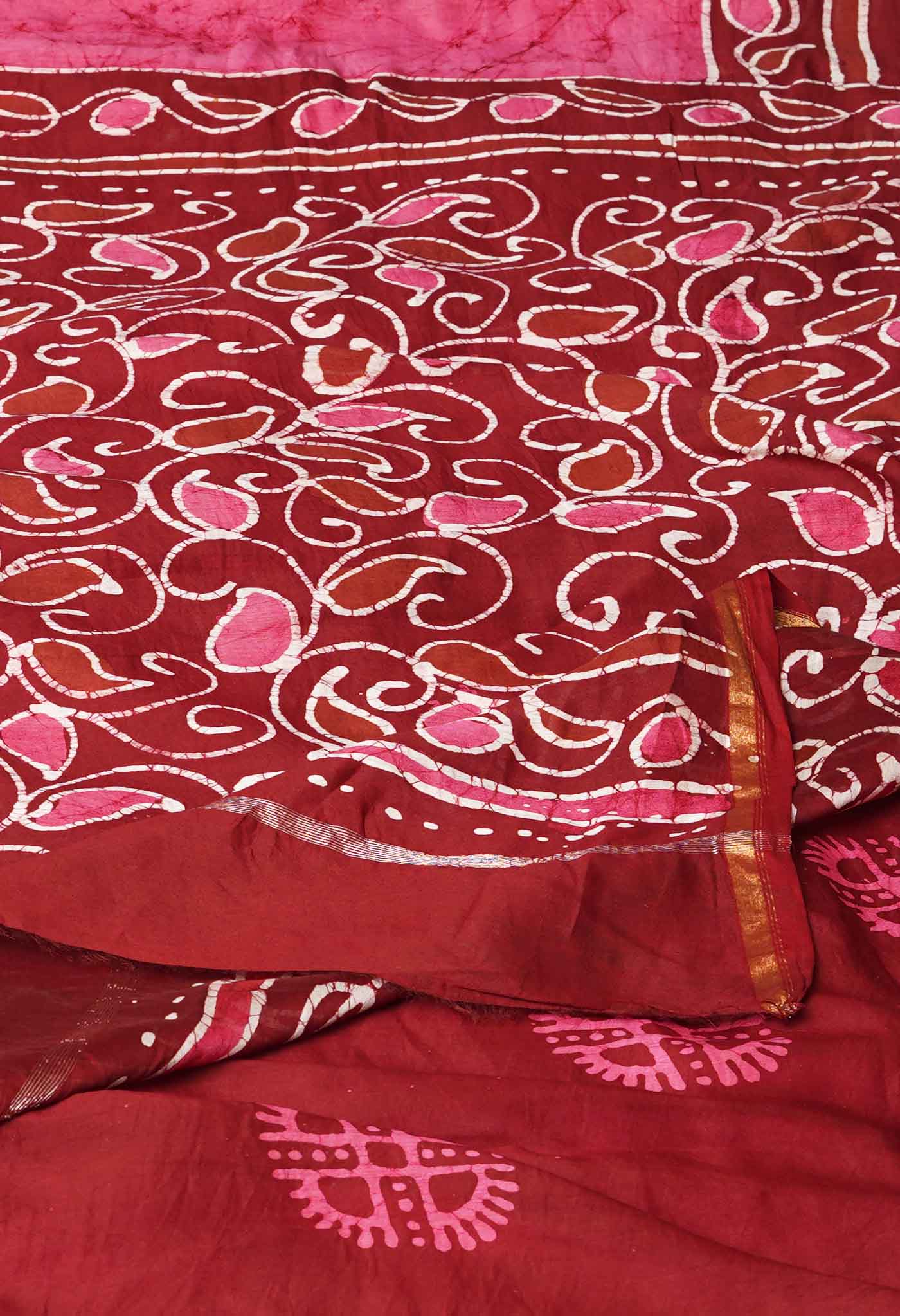 Pink-Maroon Pure Pen Wax Batik Hand Printed Chanderi Sico Saree