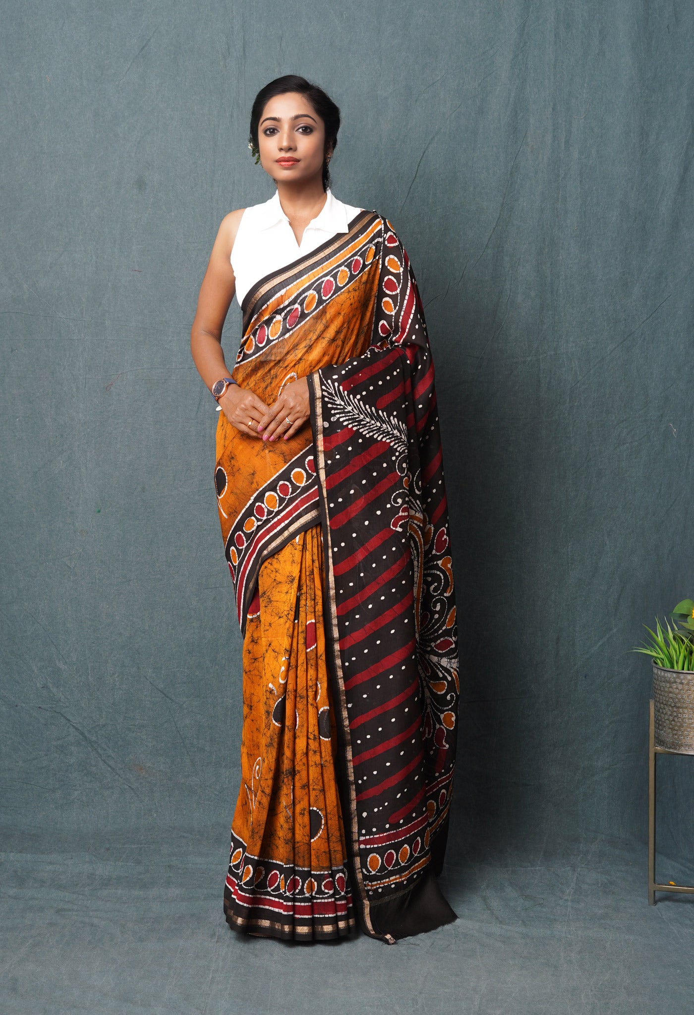 Mustard Yellow-Black Pure  Pen Wax Batik Hand Printed Chanderi Sico Saree