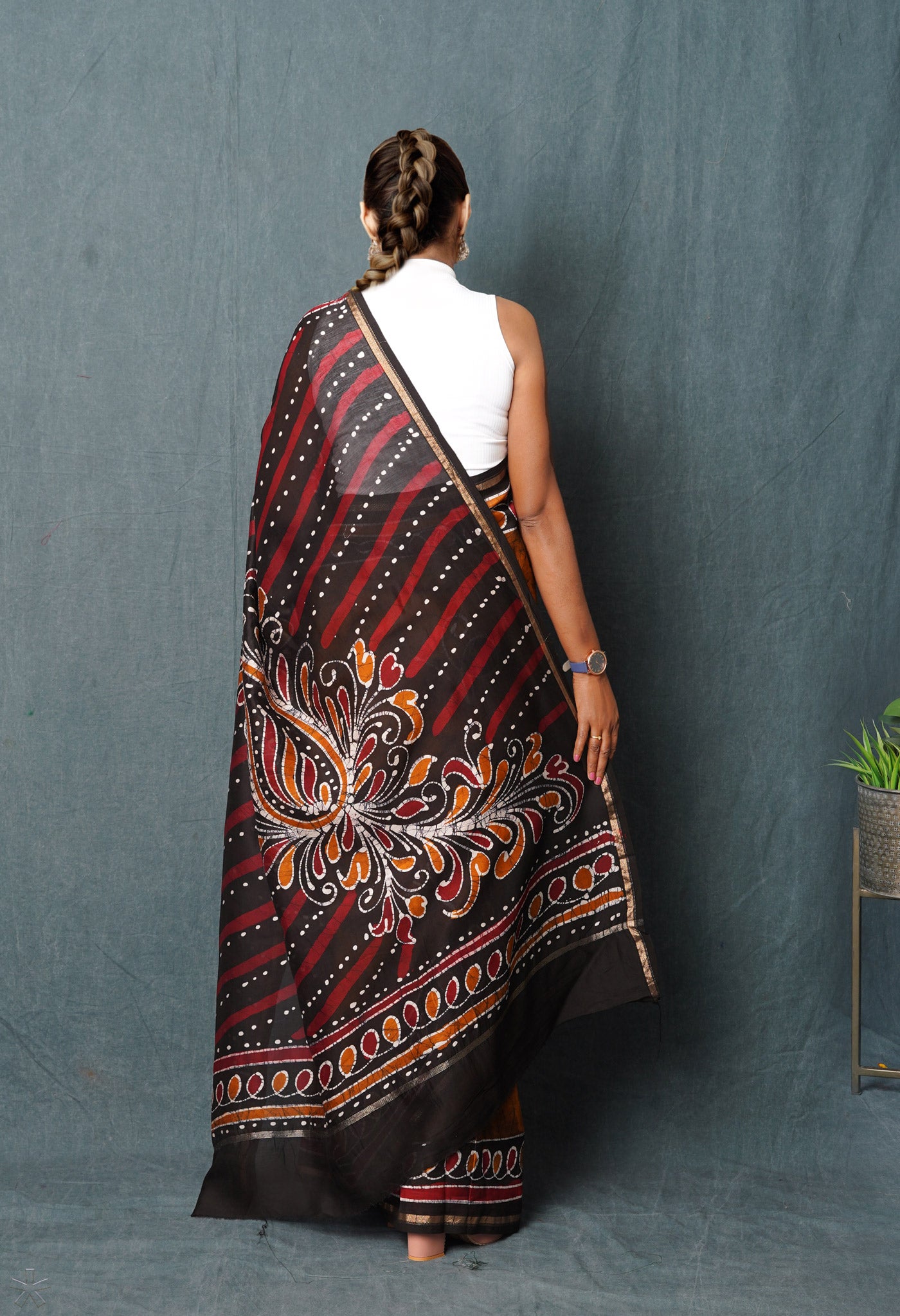 Mustard Yellow-Black Pure Pen Wax Batik Hand Printed Chanderi Sico Saree