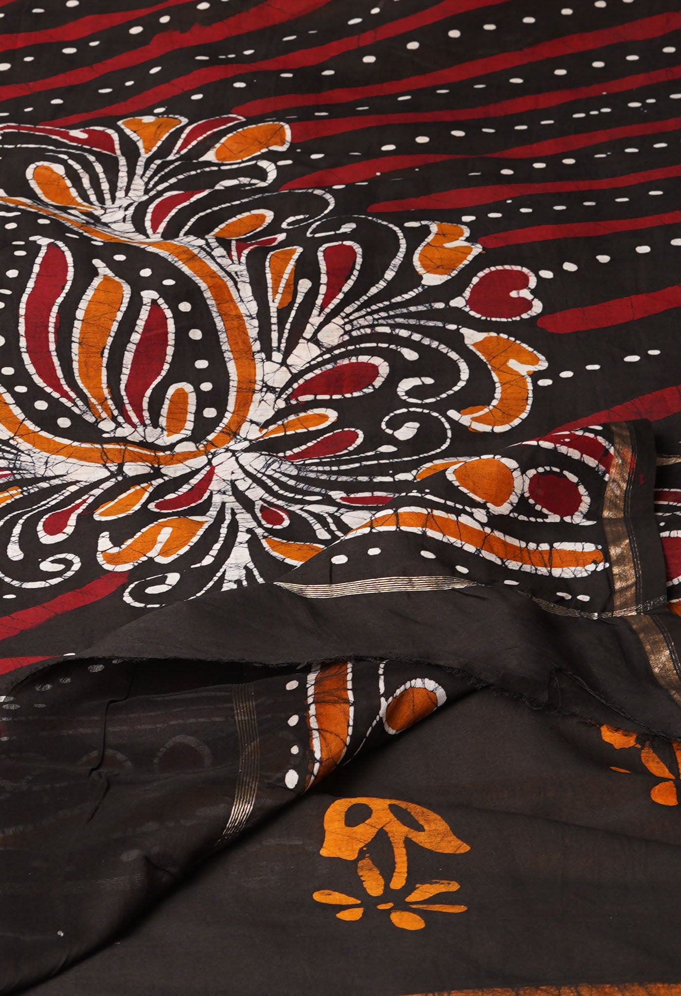 Mustard Yellow-Black Pure Pen Wax Batik Hand Printed Chanderi Sico Saree
