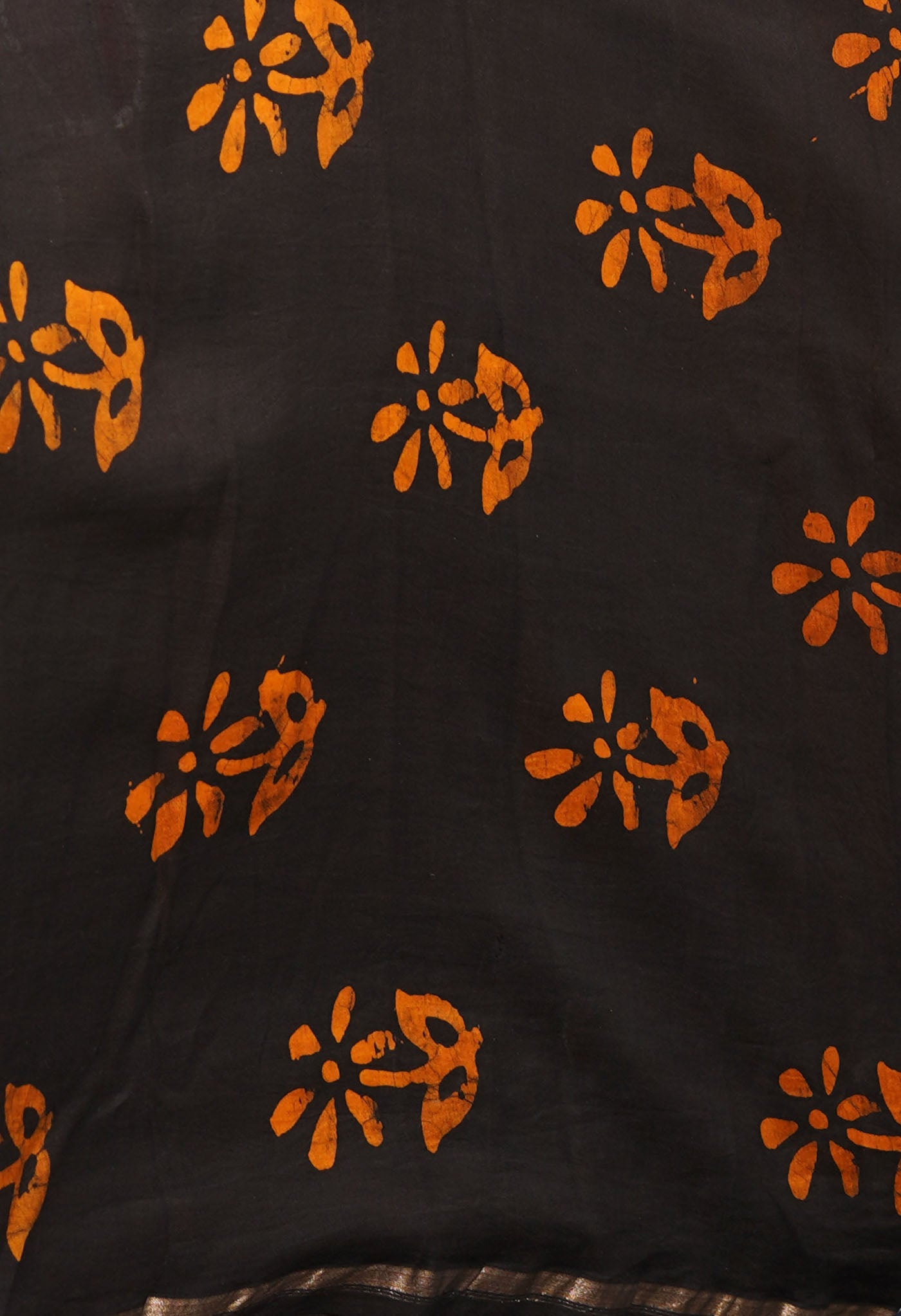 Mustard Yellow-Black Pure Pen Wax Batik Hand Printed Chanderi Sico Saree
