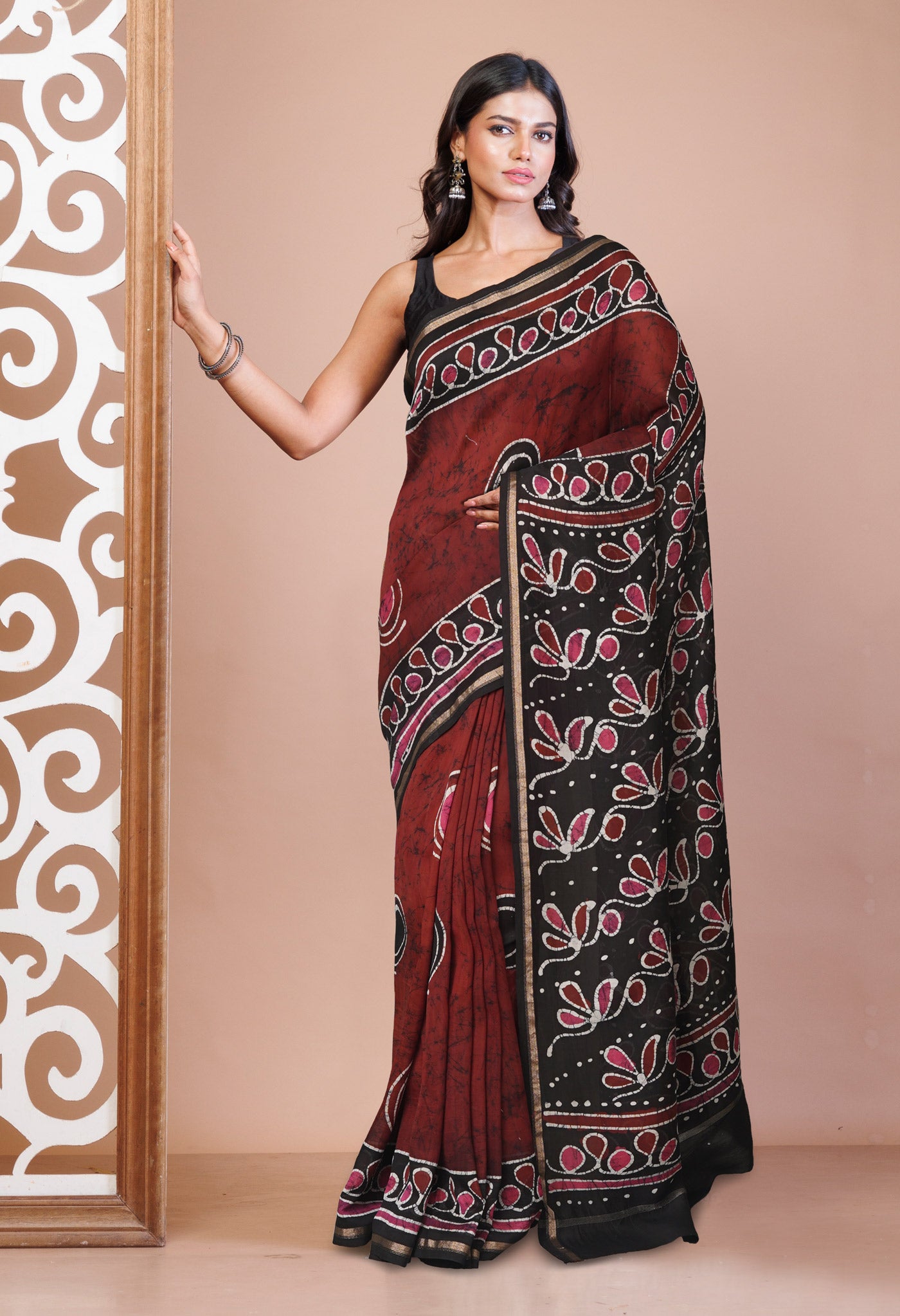 Red-Black Pure Pen Wax Batik Hand Printed Chanderi Sico Saree-UNM75494