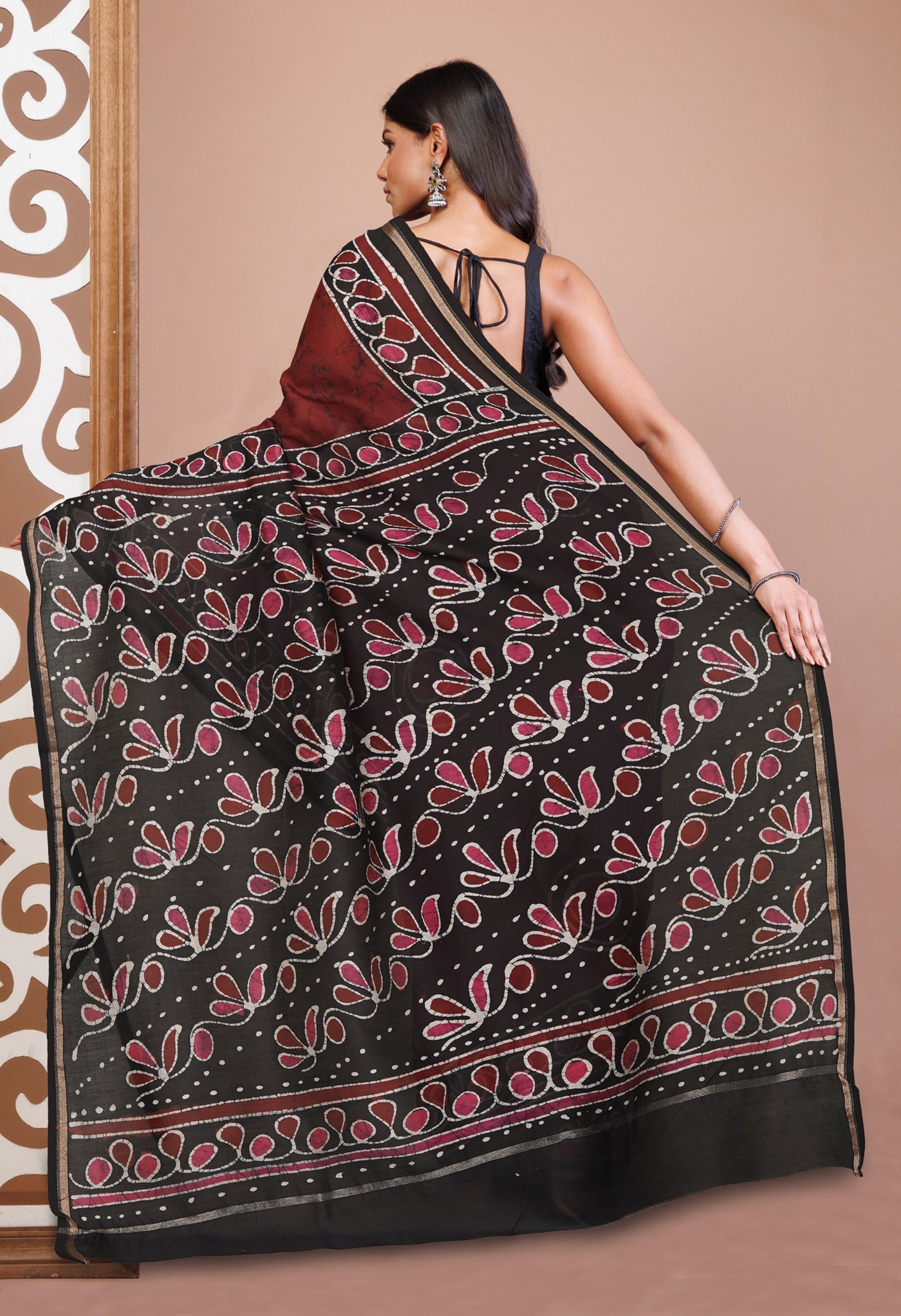 Red-Black Pure Pen Wax Batik Hand Printed Chanderi Sico Saree-UNM75494