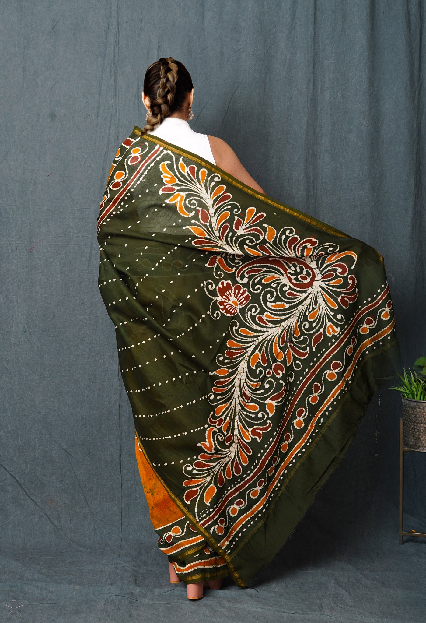 Mustard Yellow-Dark Green Pure Pen Wax Batik Hand Printed Chanderi Sico Saree