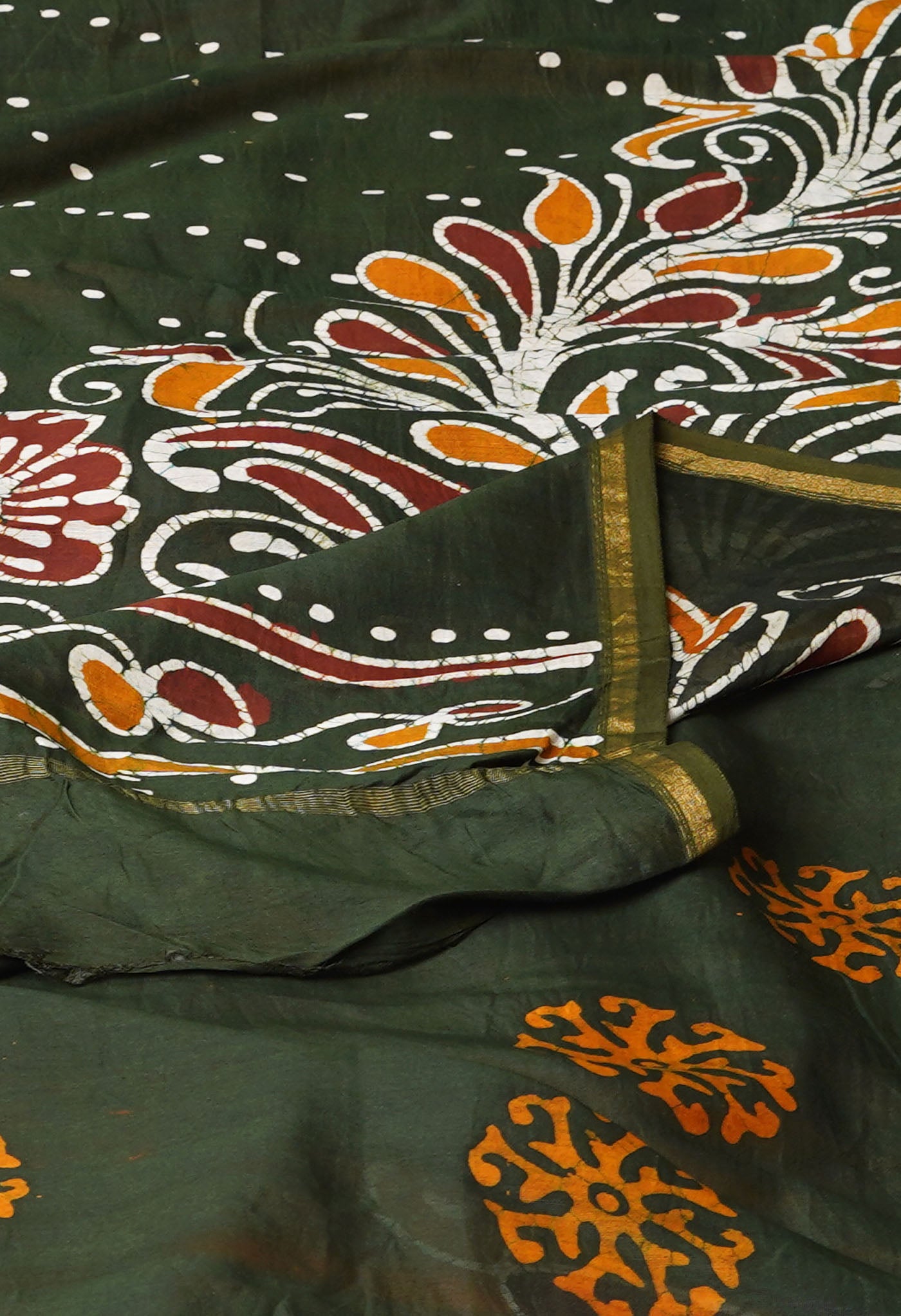 Mustard Yellow-Dark Green Pure Pen Wax Batik Hand Printed Chanderi Sico Saree