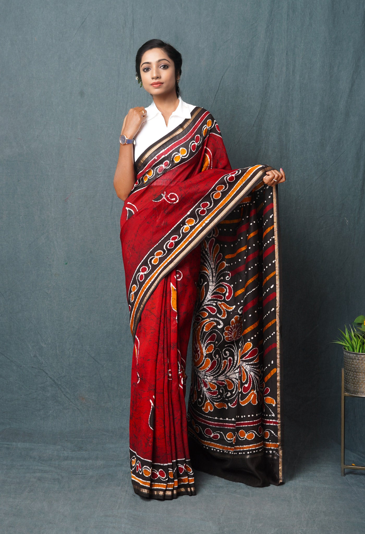 Red-Black Pure  Pen Wax Batik Hand Printed Chanderi Sico Saree