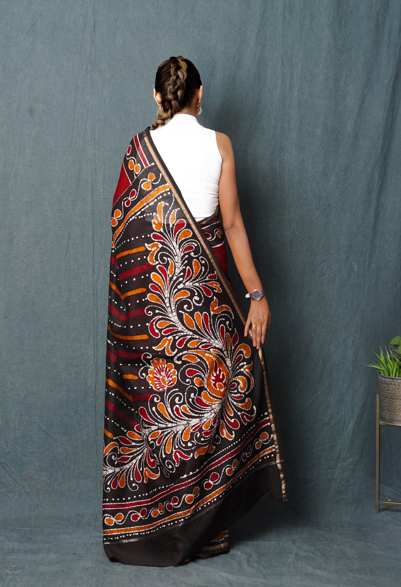 Red-Black Pure Pen Wax Batik Hand Printed Chanderi Sico Saree