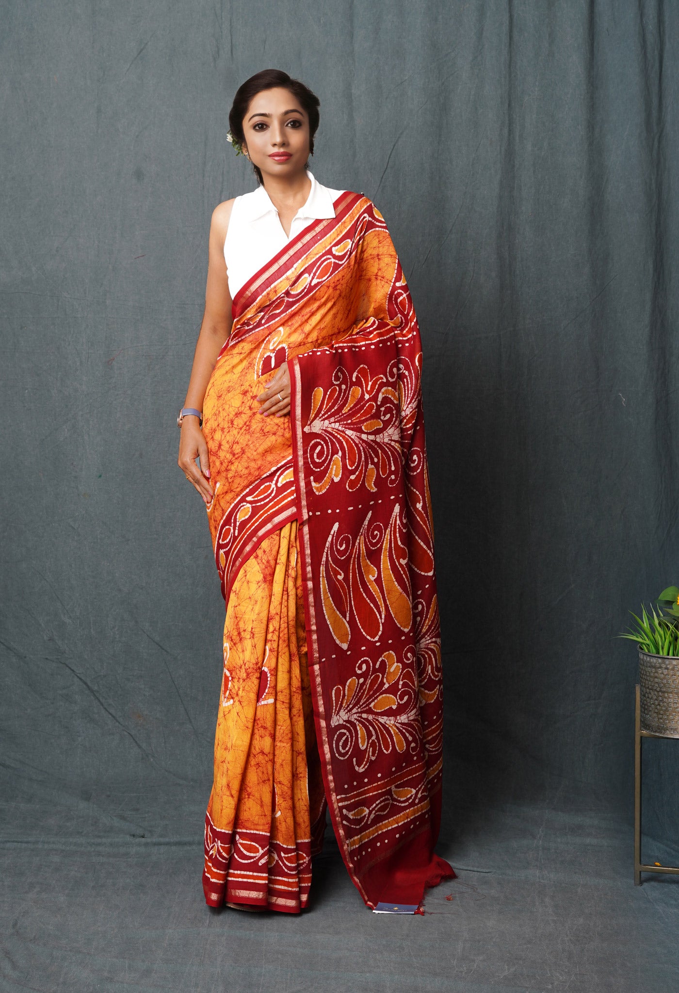 Mustard Yellow-Maroon Pure Pen Wax Batik Hand Printed Chanderi Sico Saree