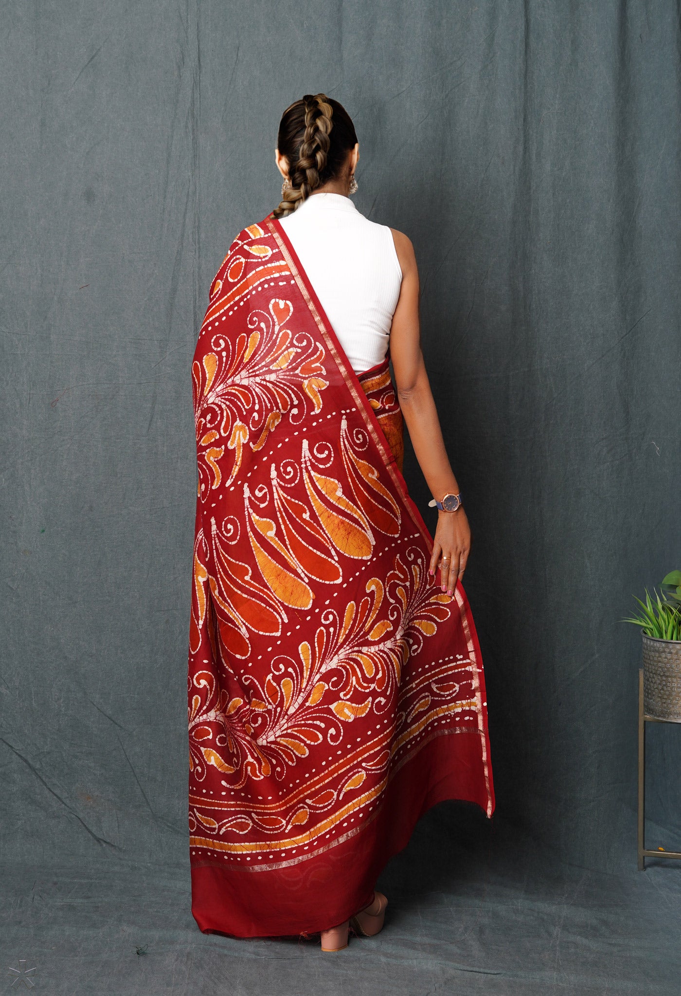 Mustard Yellow-Maroon Pure Pen Wax Batik Hand Printed Chanderi Sico Saree
