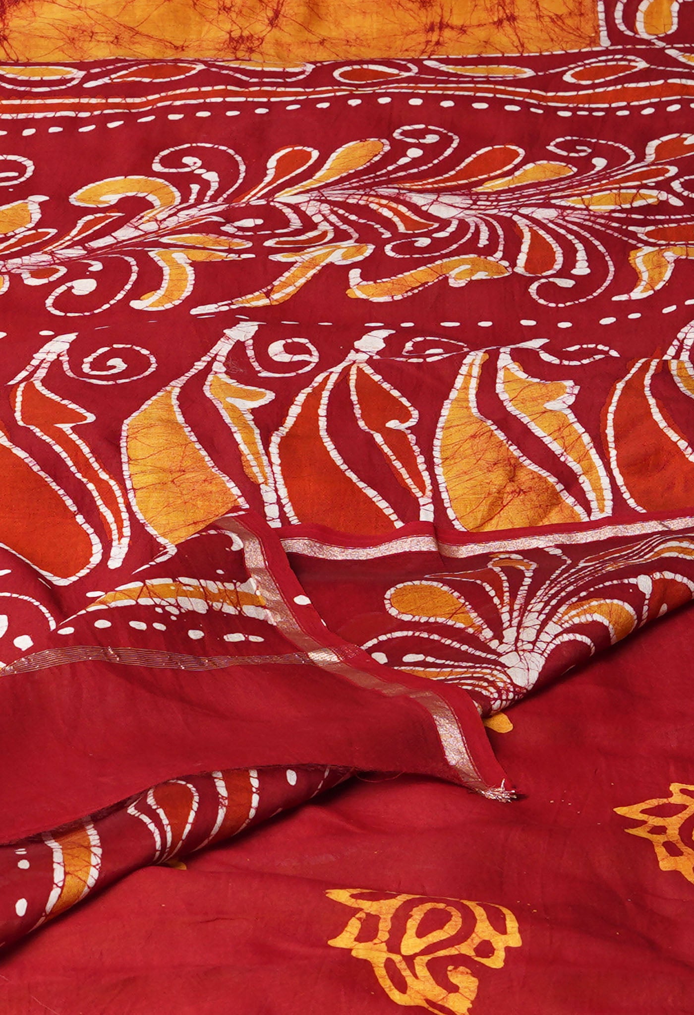 Mustard Yellow-Maroon Pure Pen Wax Batik Hand Printed Chanderi Sico Saree