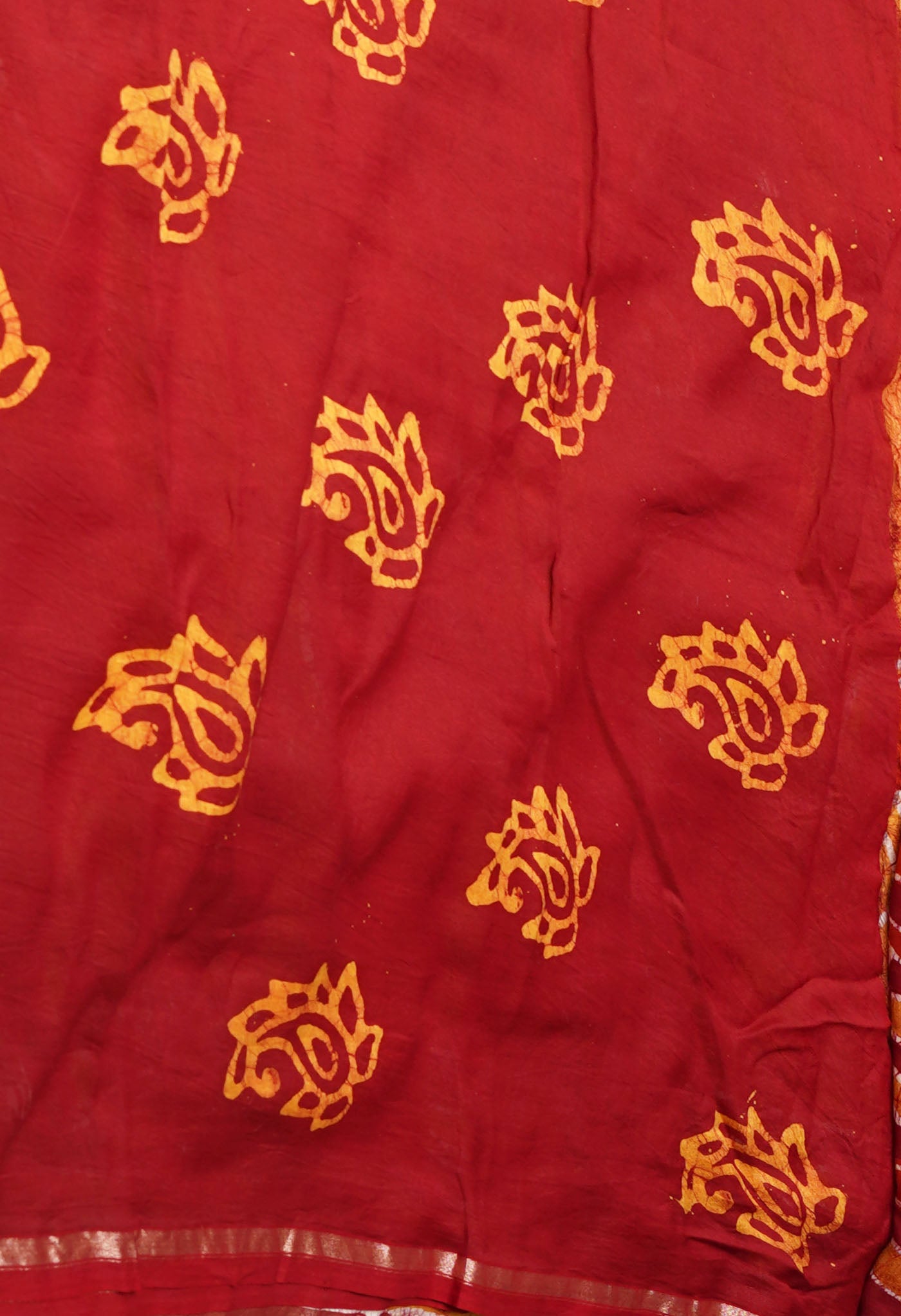 Mustard Yellow-Maroon Pure Pen Wax Batik Hand Printed Chanderi Sico Saree