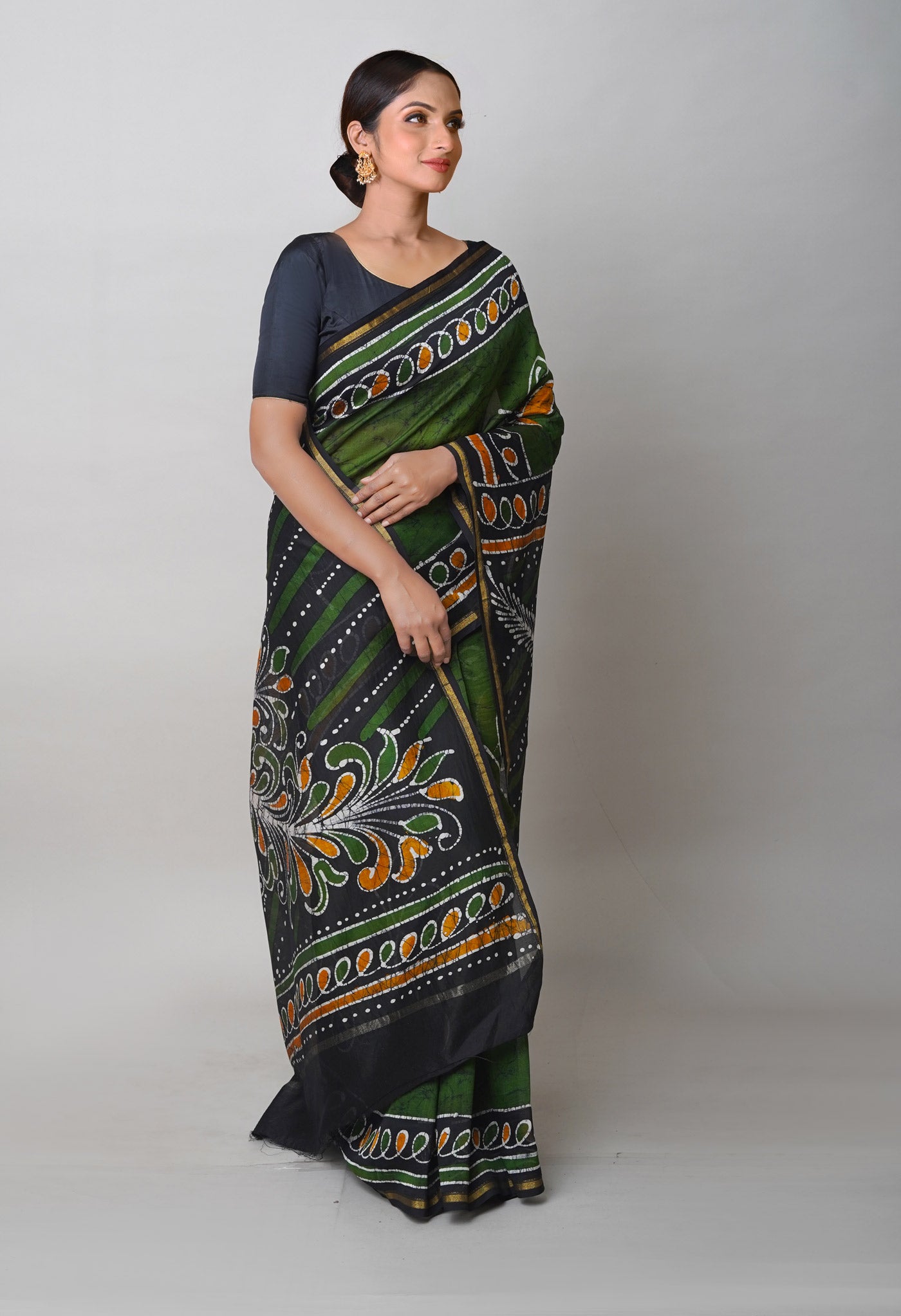 Green -Black Pure Pen Wax Batik Hand Printed Chanderi Sico Saree