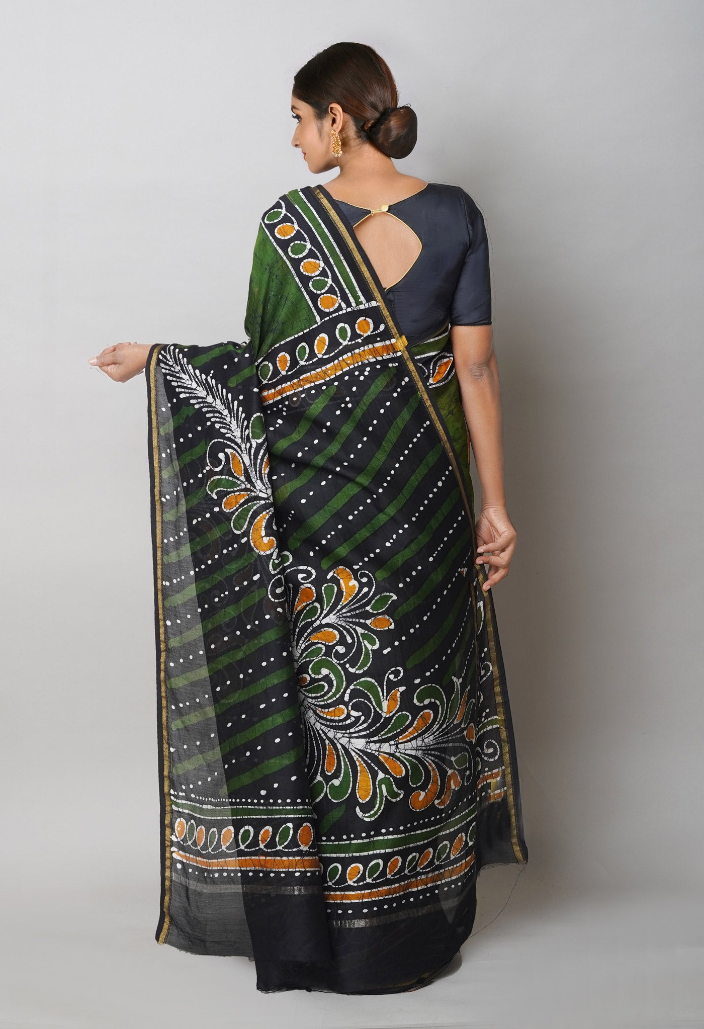 Green -Black Pure Pen Wax Batik Hand Printed Chanderi Sico Saree
