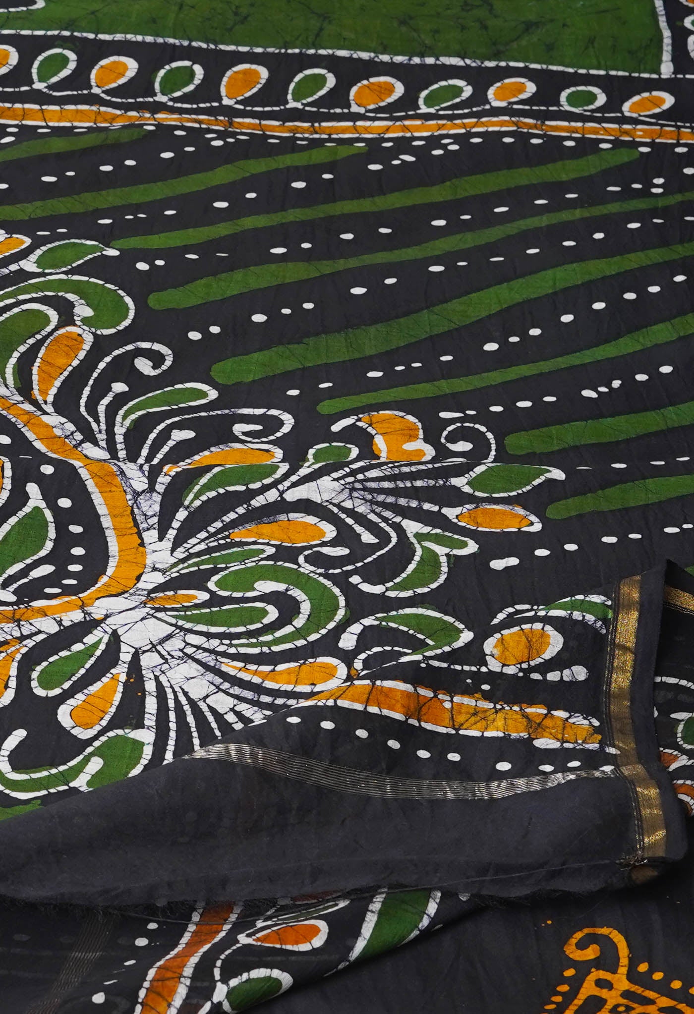 Green -Black Pure Pen Wax Batik Hand Printed Chanderi Sico Saree