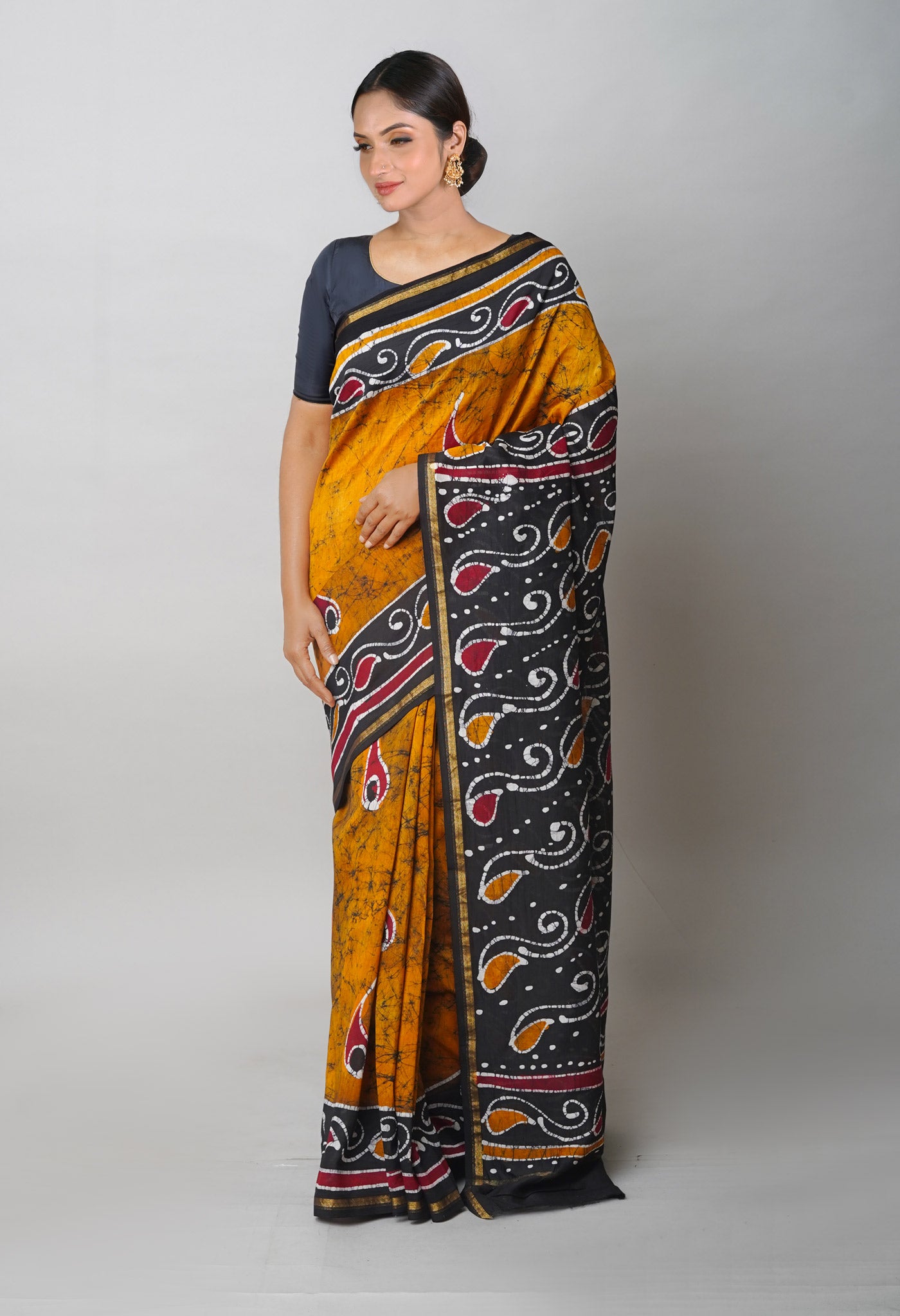 Mustard Yellow-Black Pure Pen Wax Batik Hand Printed Chanderi Sico Saree