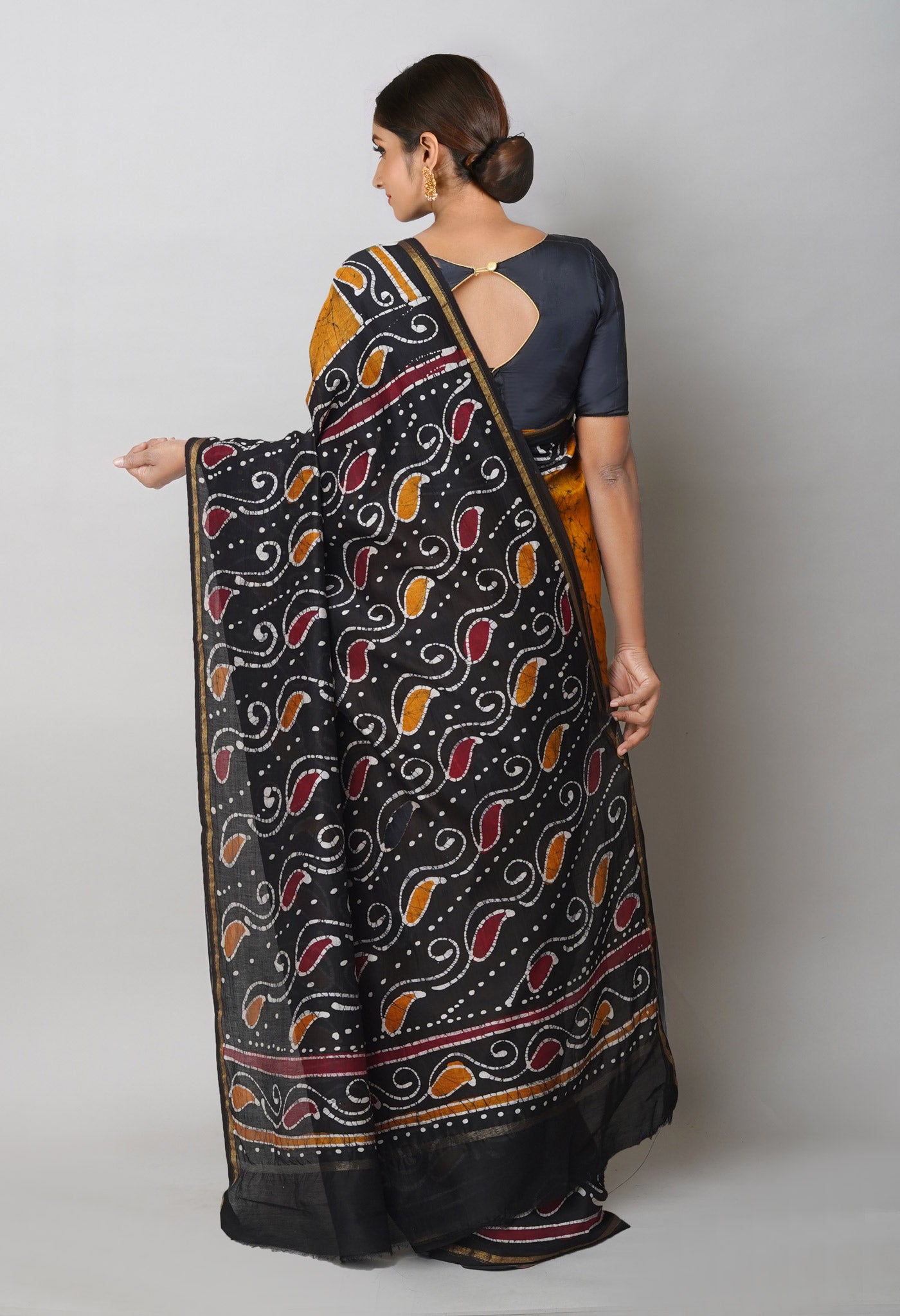 Mustard Yellow-Black Pure Pen Wax Batik Hand Printed Chanderi Sico Saree