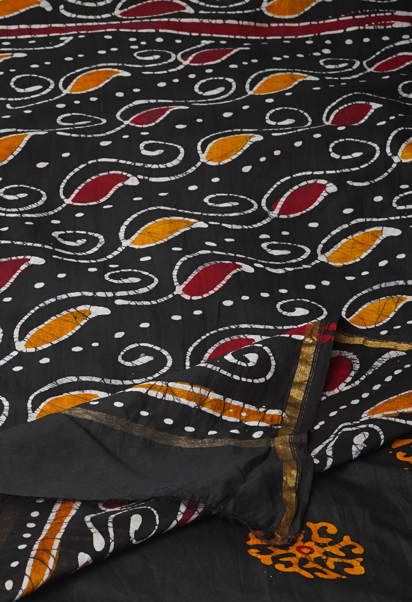 Mustard Yellow-Black Pure Pen Wax Batik Hand Printed Chanderi Sico Saree