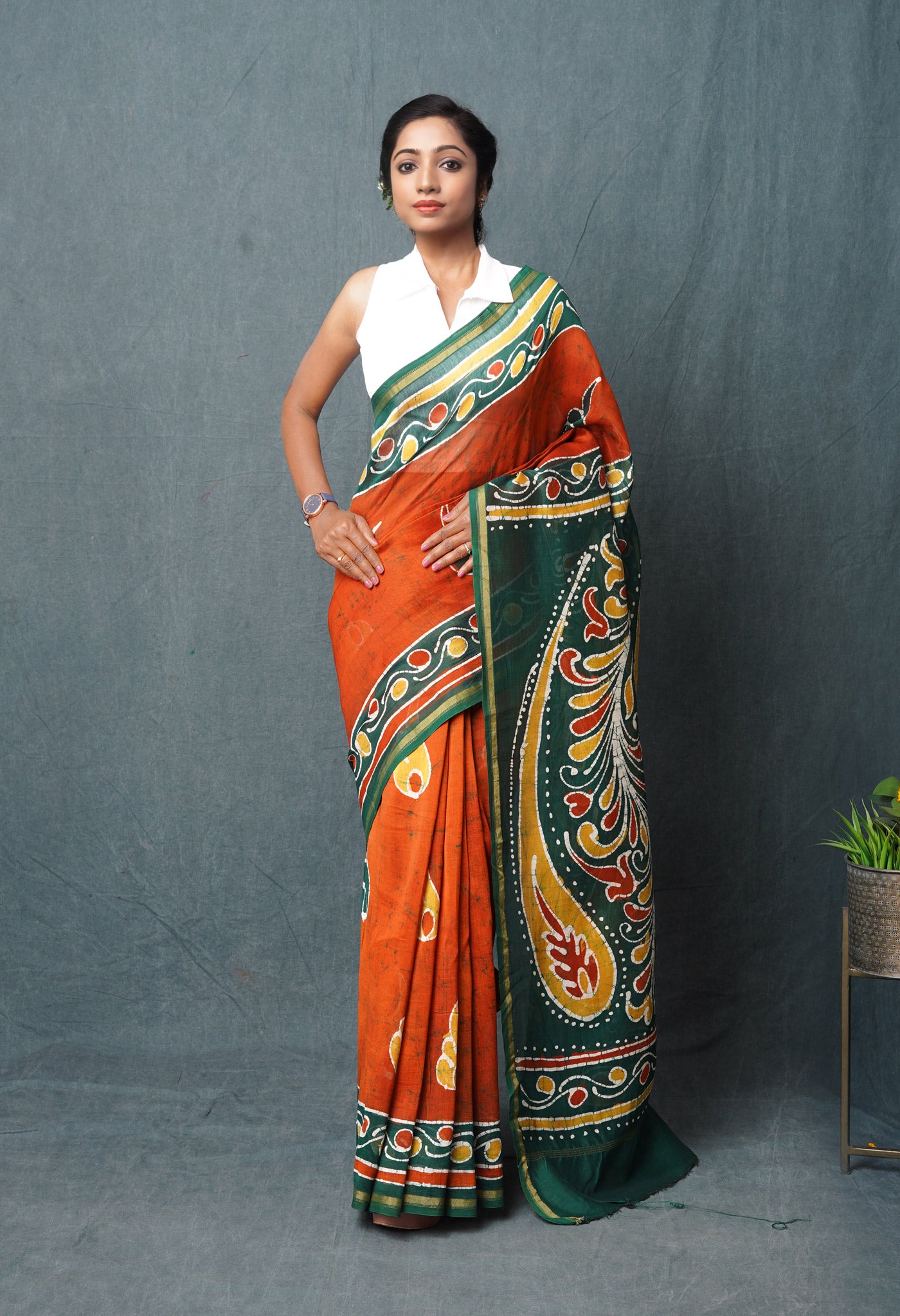 Burnt Orange-Green Pure Pen Wax Batik Hand Printed Chanderi Sico Saree