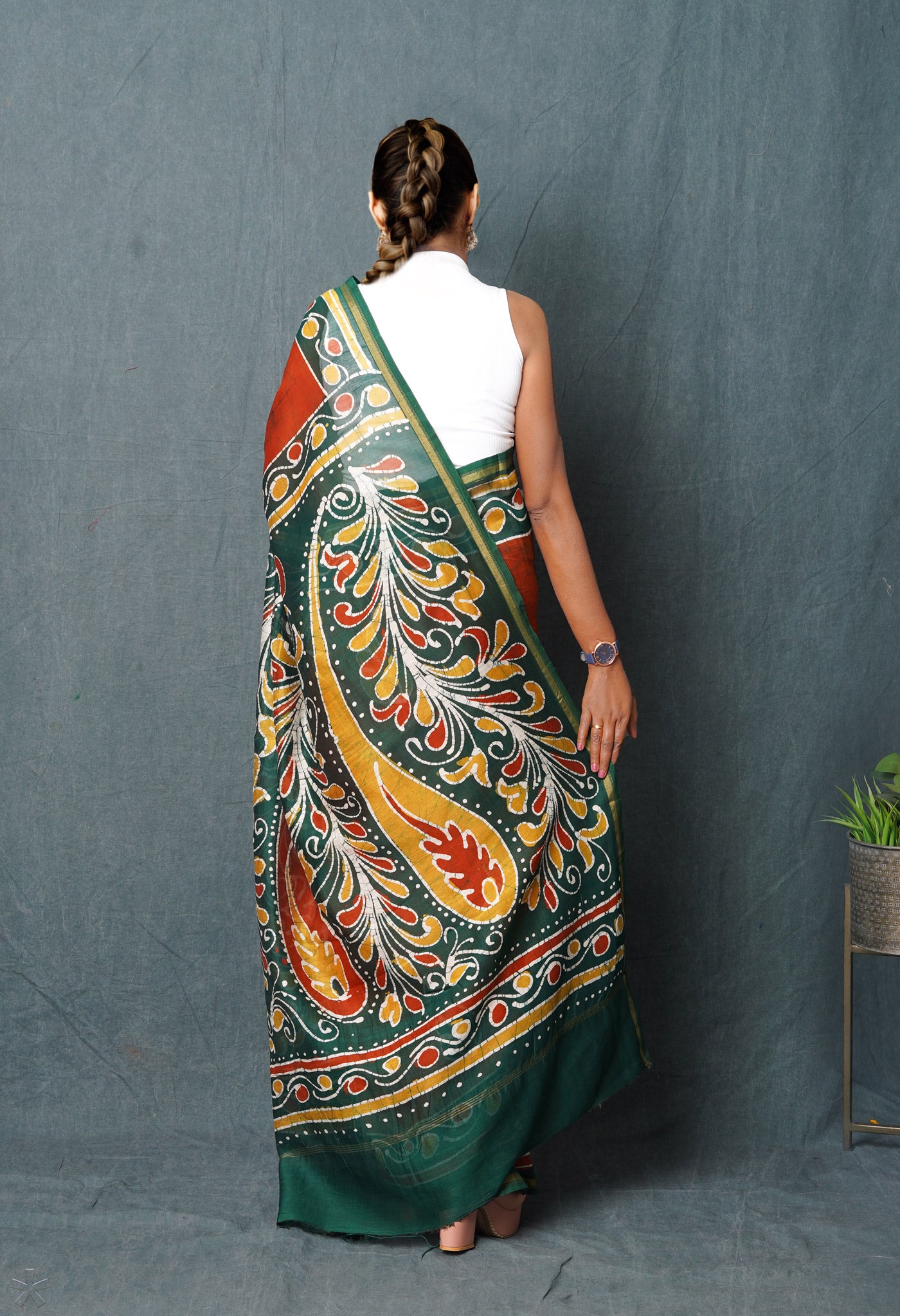 Burnt Orange-Green Pure Pen Wax Batik Hand Printed Chanderi Sico Saree