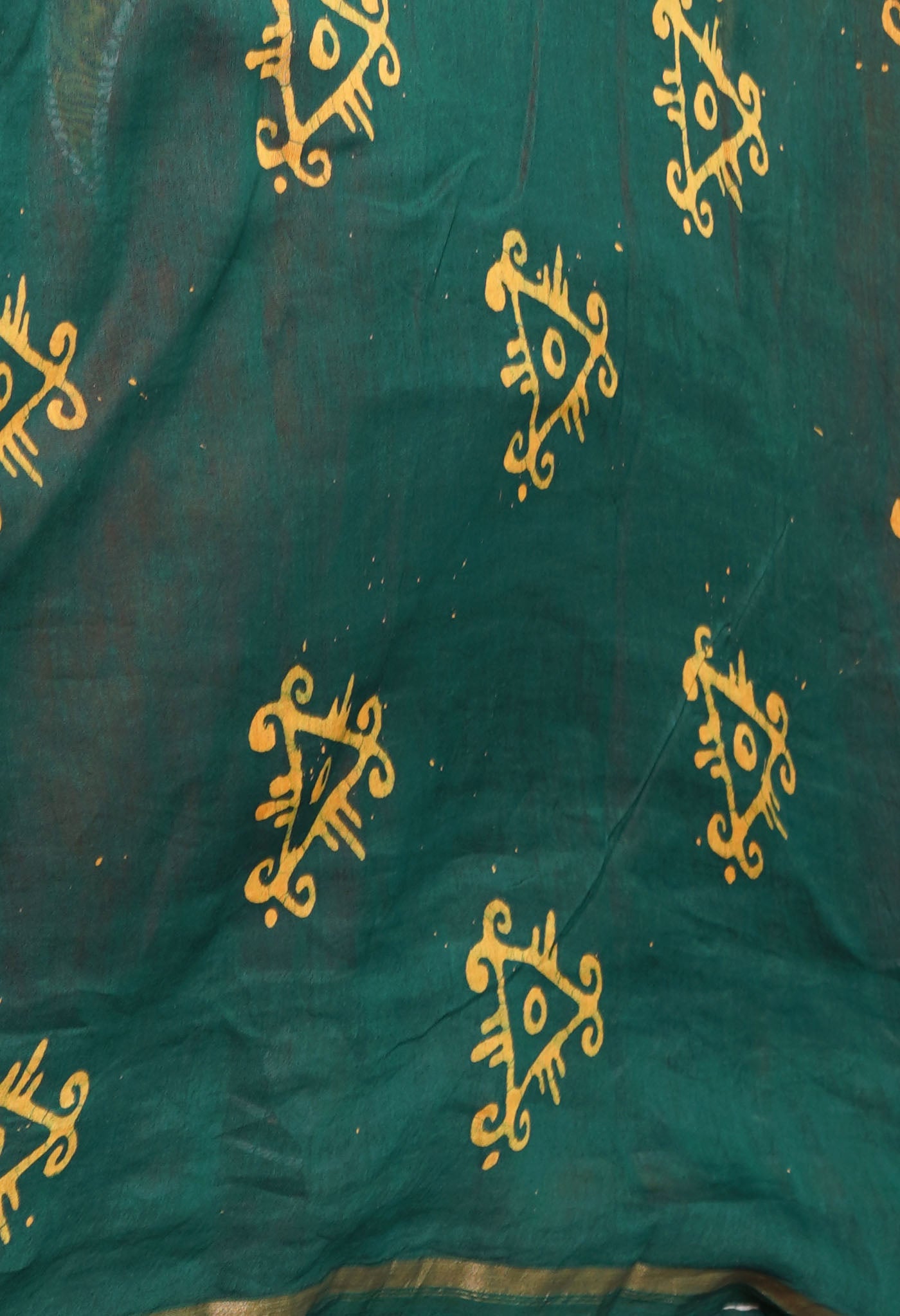 Burnt Orange-Green Pure Pen Wax Batik Hand Printed Chanderi Sico Saree