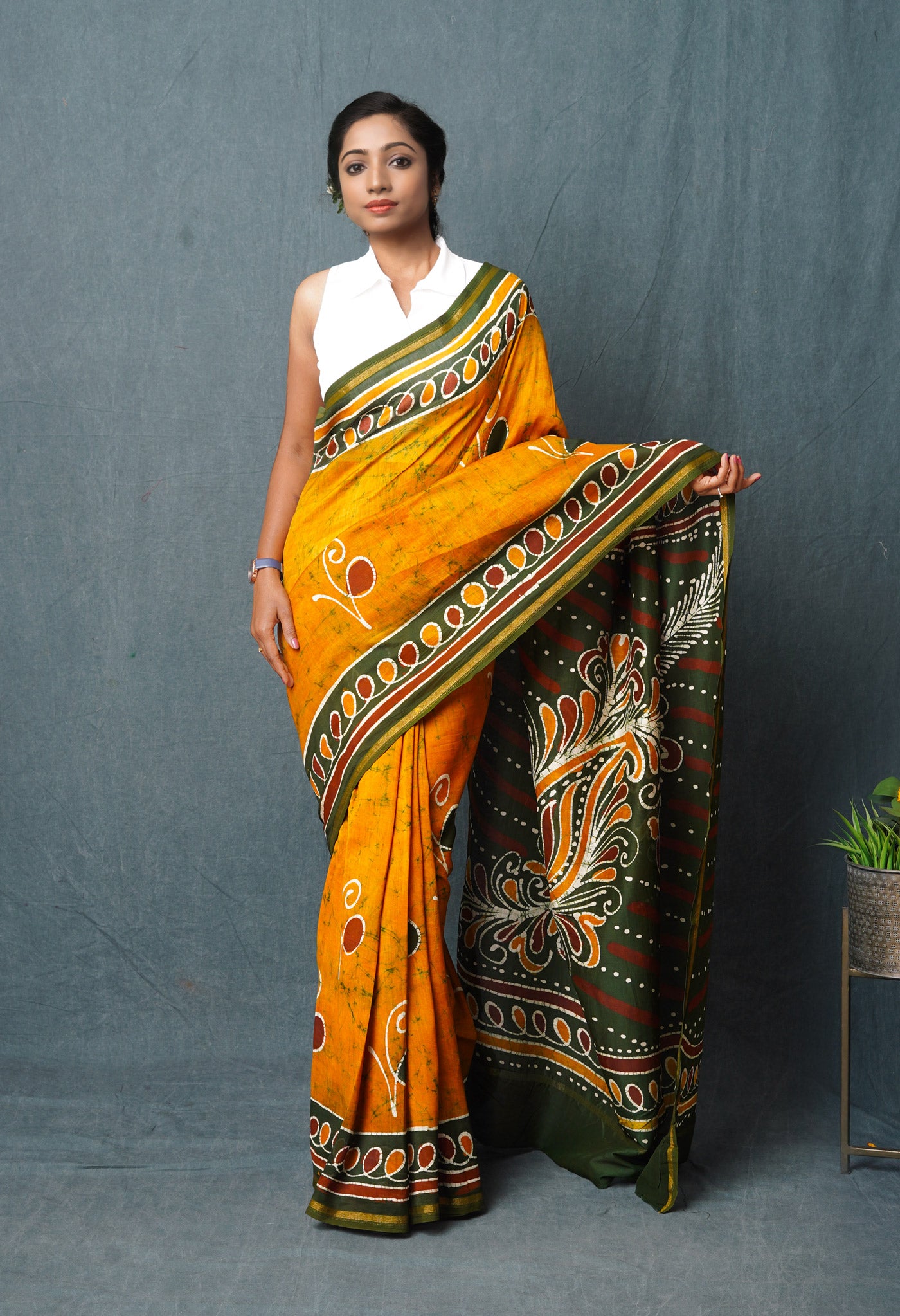 Mustard Yellow-Dark Green Pure Pen Wax Batik Hand Printed Chanderi Sico Saree