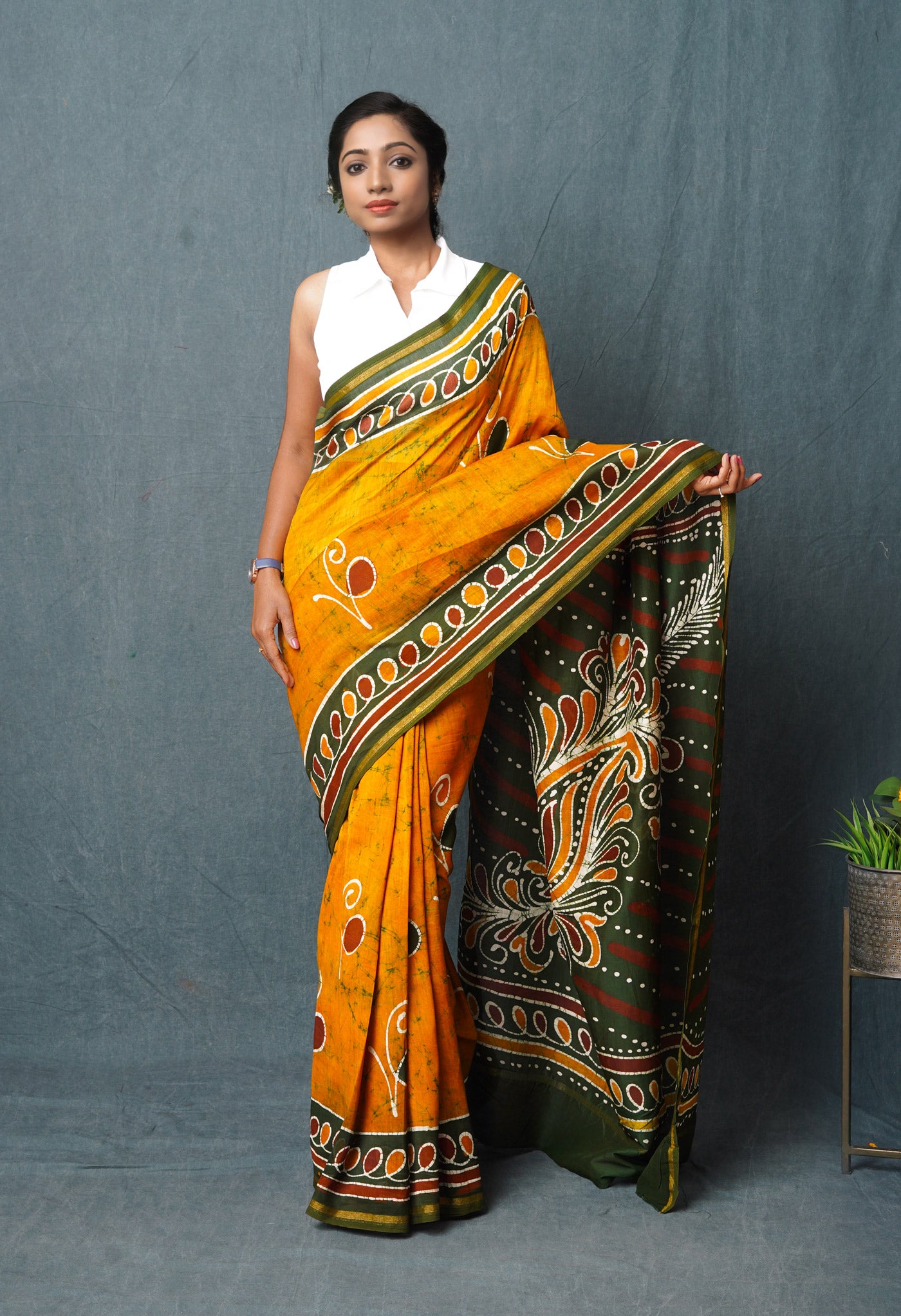 Mustard Yellow-Dark Green Pure  Pen Wax Batik Hand Printed Chanderi Sico Saree