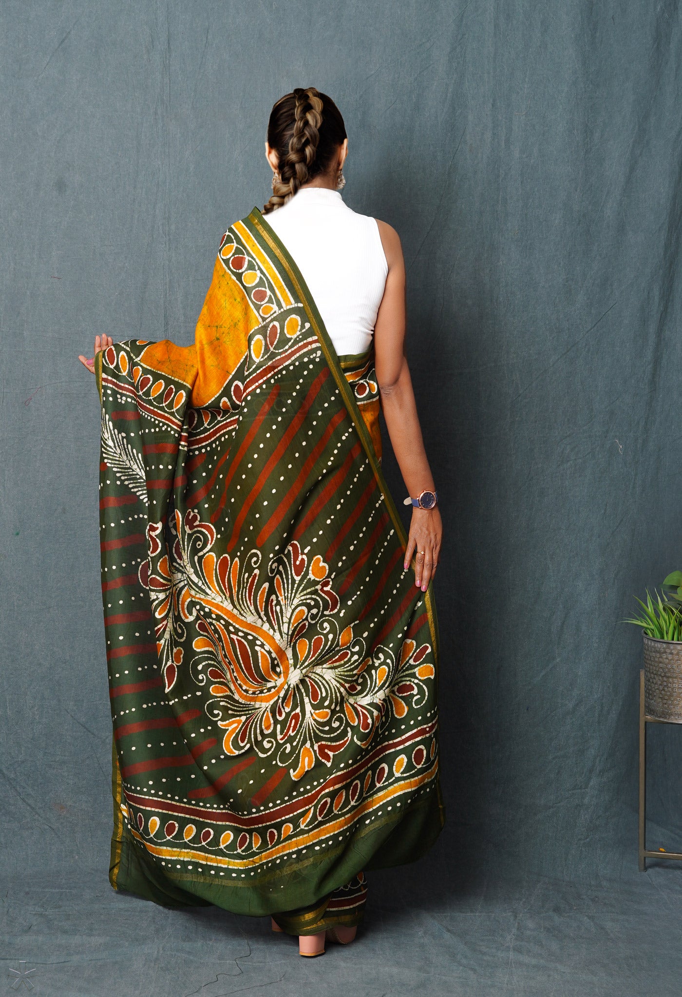 Mustard Yellow-Dark Green Pure Pen Wax Batik Hand Printed Chanderi Sico Saree