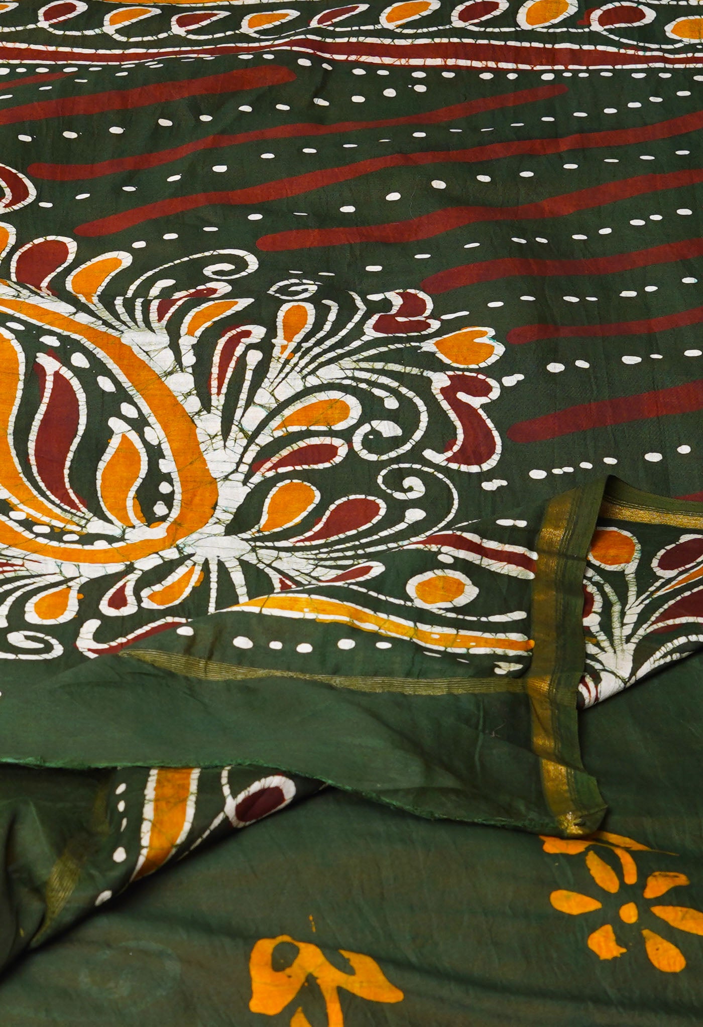 Mustard Yellow-Dark Green Pure Pen Wax Batik Hand Printed Chanderi Sico Saree